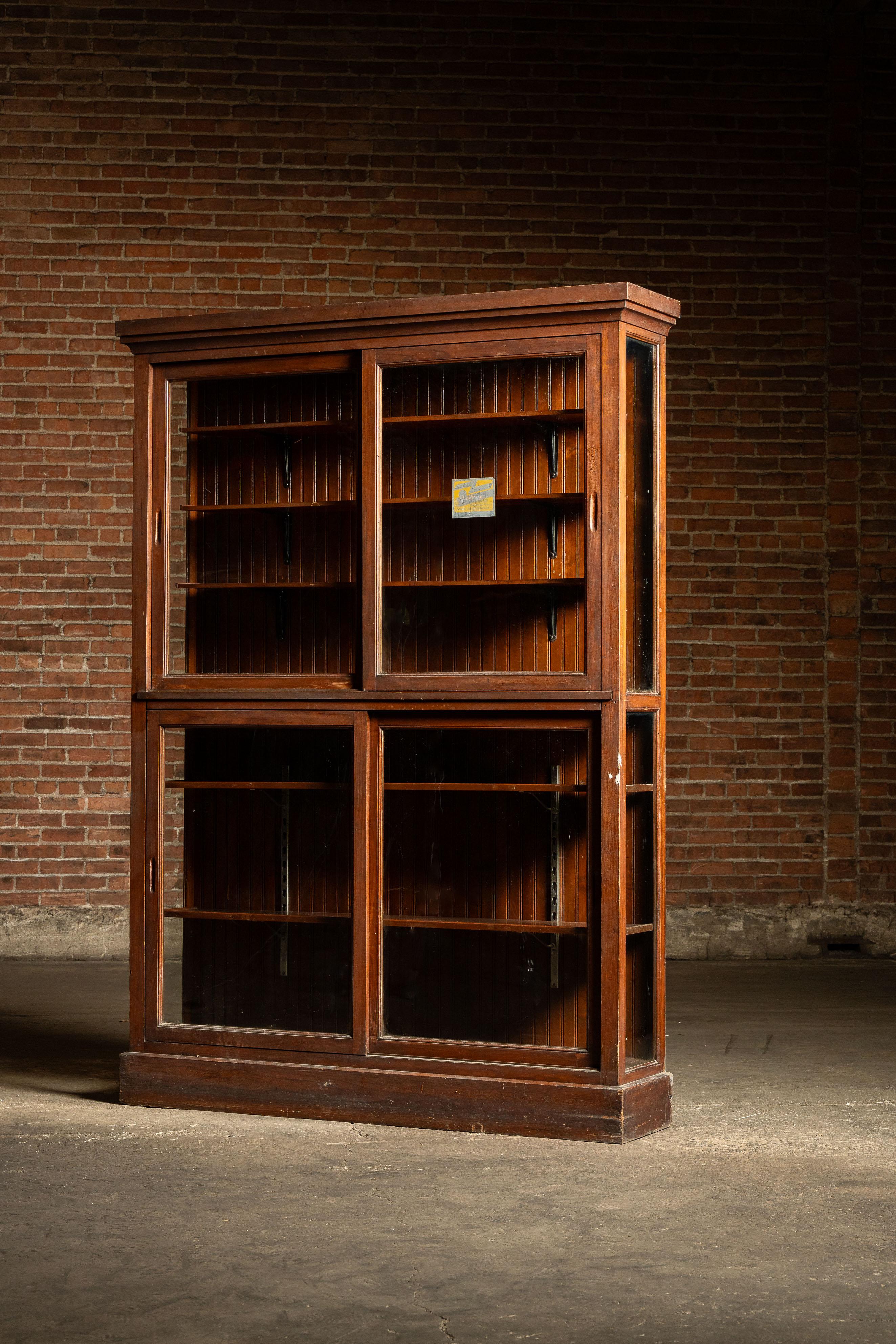 20th Century Antique Quarter Sawn Oak Merchandising Showcase Cabinet with Sliding Glass Doors For Sale