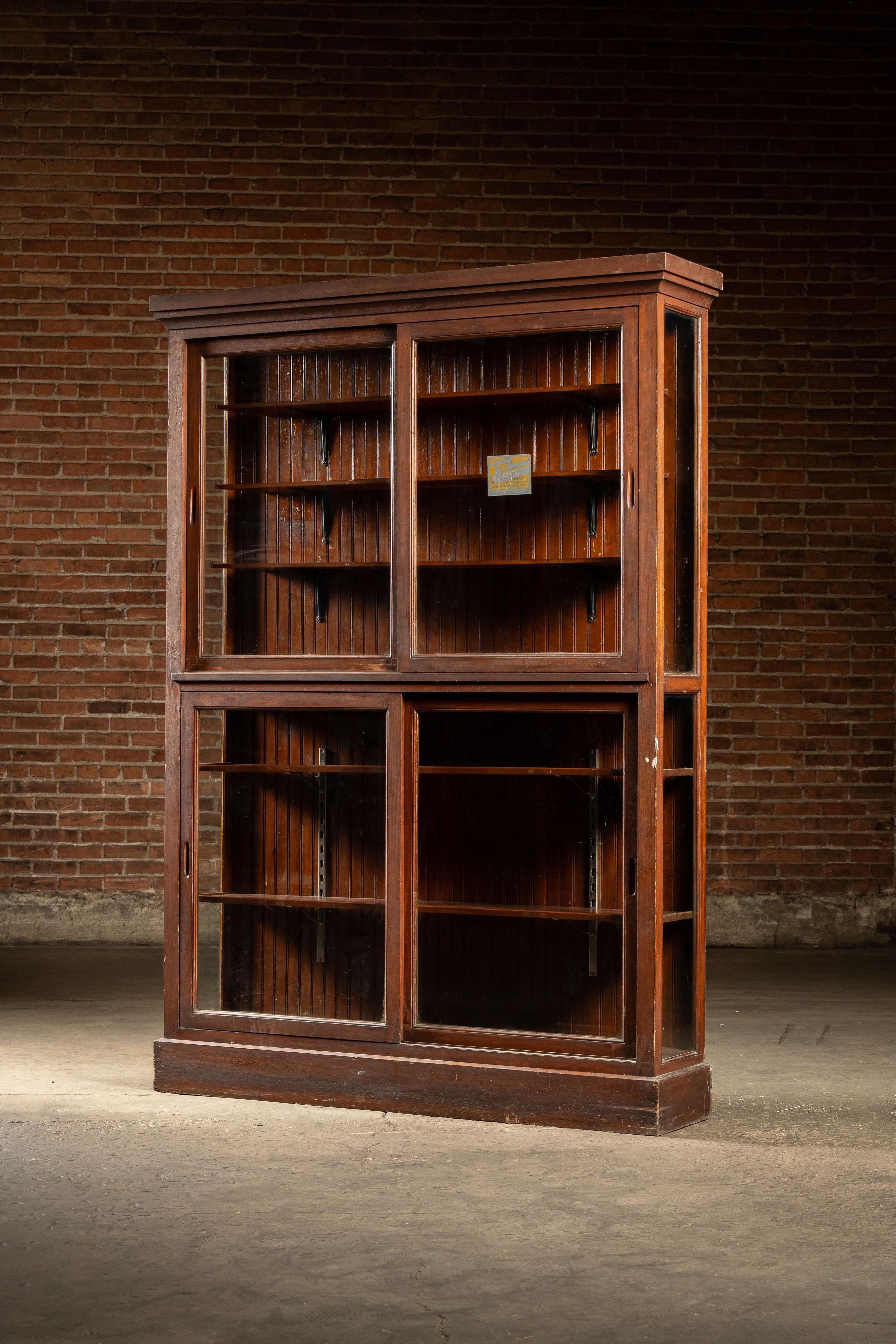 Antique Quarter Sawn Oak Merchandising Showcase Cabinet with Sliding Glass Doors For Sale 1