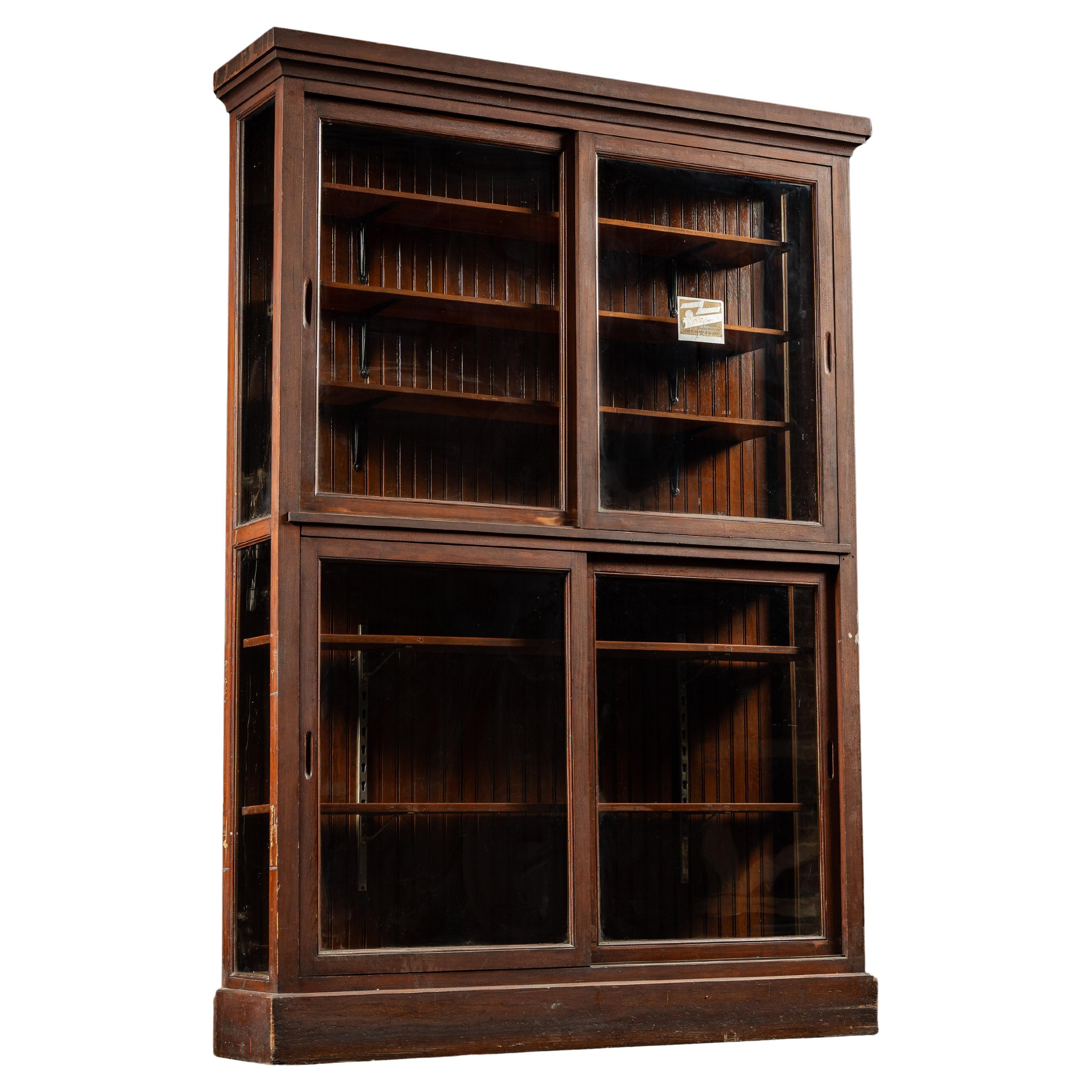 Antique Quarter Sawn Oak Merchandising Showcase Cabinet with Sliding Glass Doors For Sale