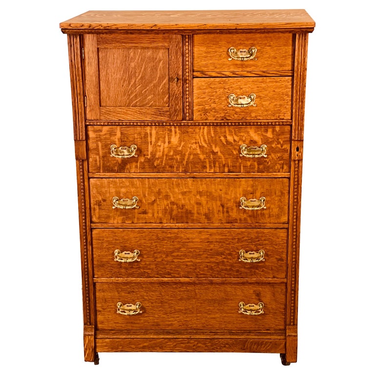 Antique Quarter Sawn Oak Wood Tall, Solid Oak Tall Dresser
