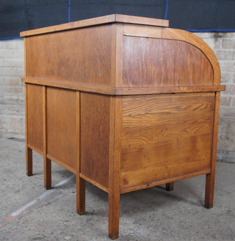 Antique Quartersawn American Oak Roll Top Tambour Secretary Bankers