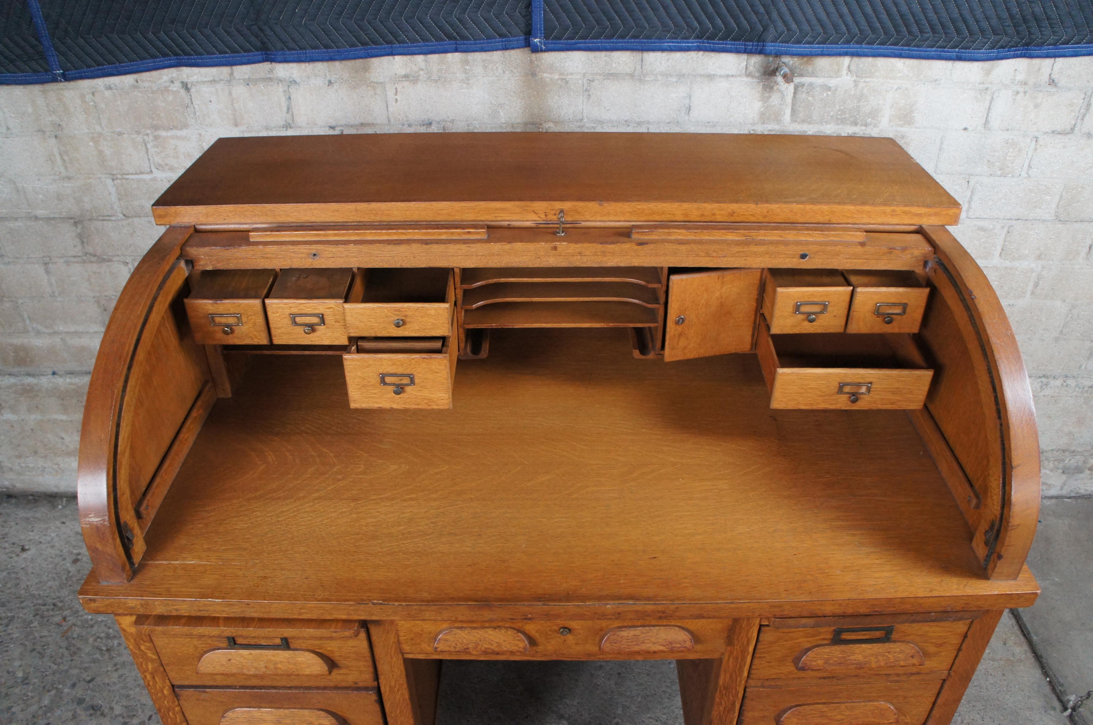 American Classical Antique Quartersawn American Oak Roll Top Tambour Secretary Bankers Desk