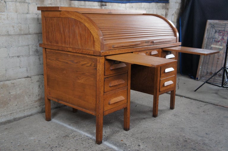 Antique Quartersawn American Oak Roll Top Tambour Secretary Bankers