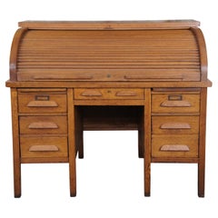Antique Quartersawn American Oak Roll Top Tambour Secretary Bankers Desk