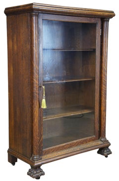 Antique Quartersawn Oak American Empire Display Curio Cabinet Library Bookcase