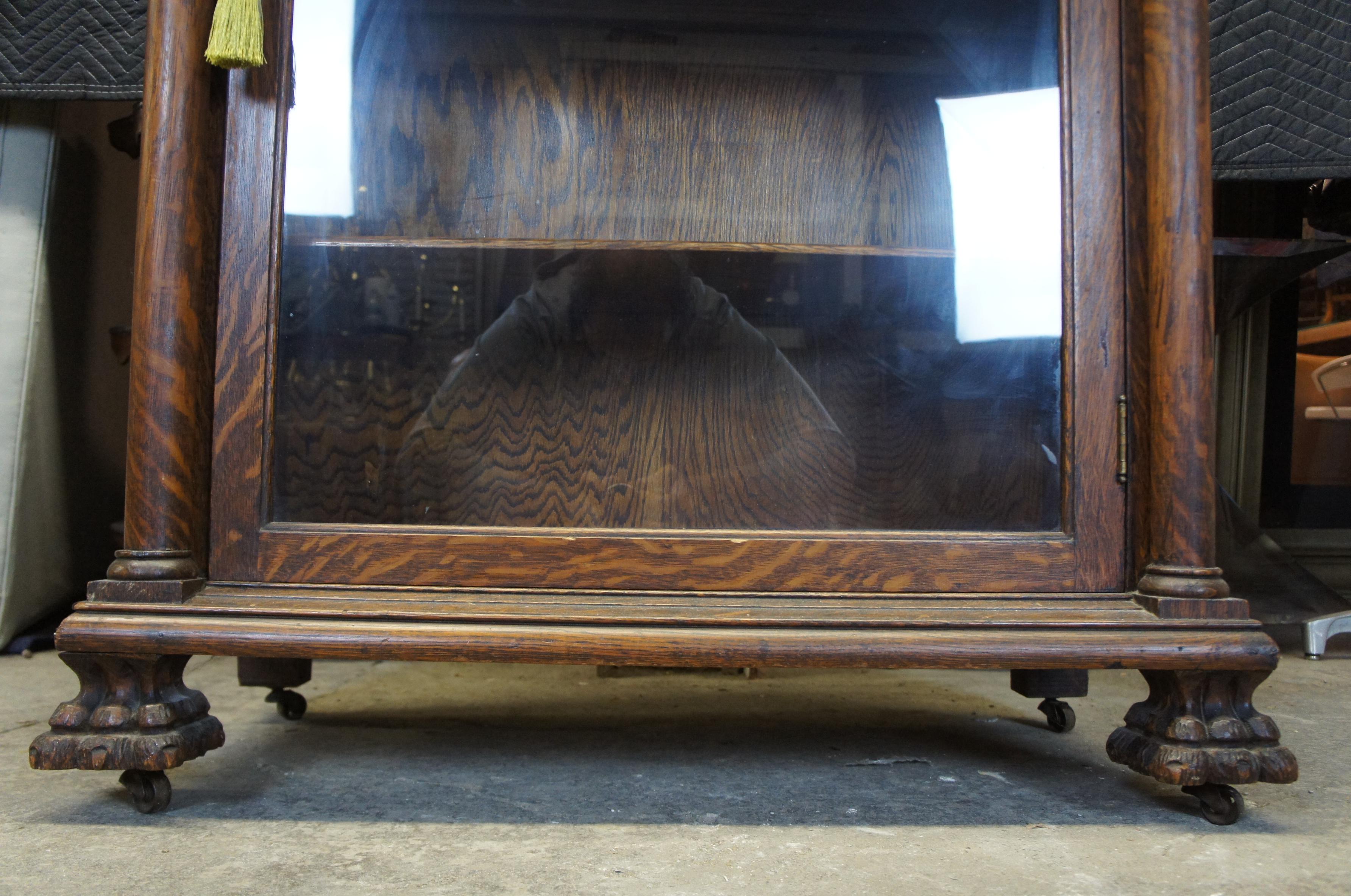 Antique Quartersawn Oak American Empire Display Curio Cabinet Library Bookcase 3