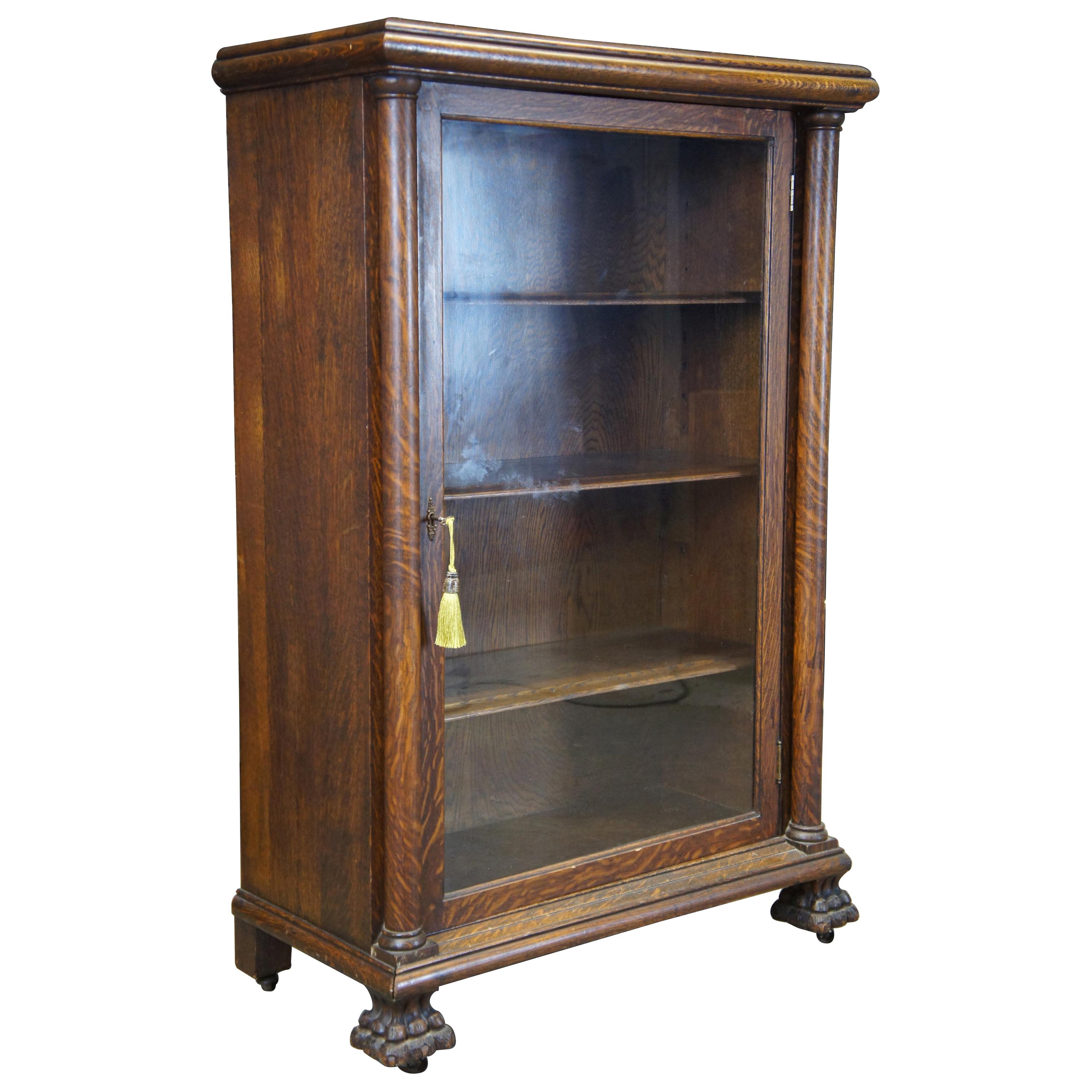 Antique Quartersawn Oak American Empire Display Curio Cabinet Library Bookcase