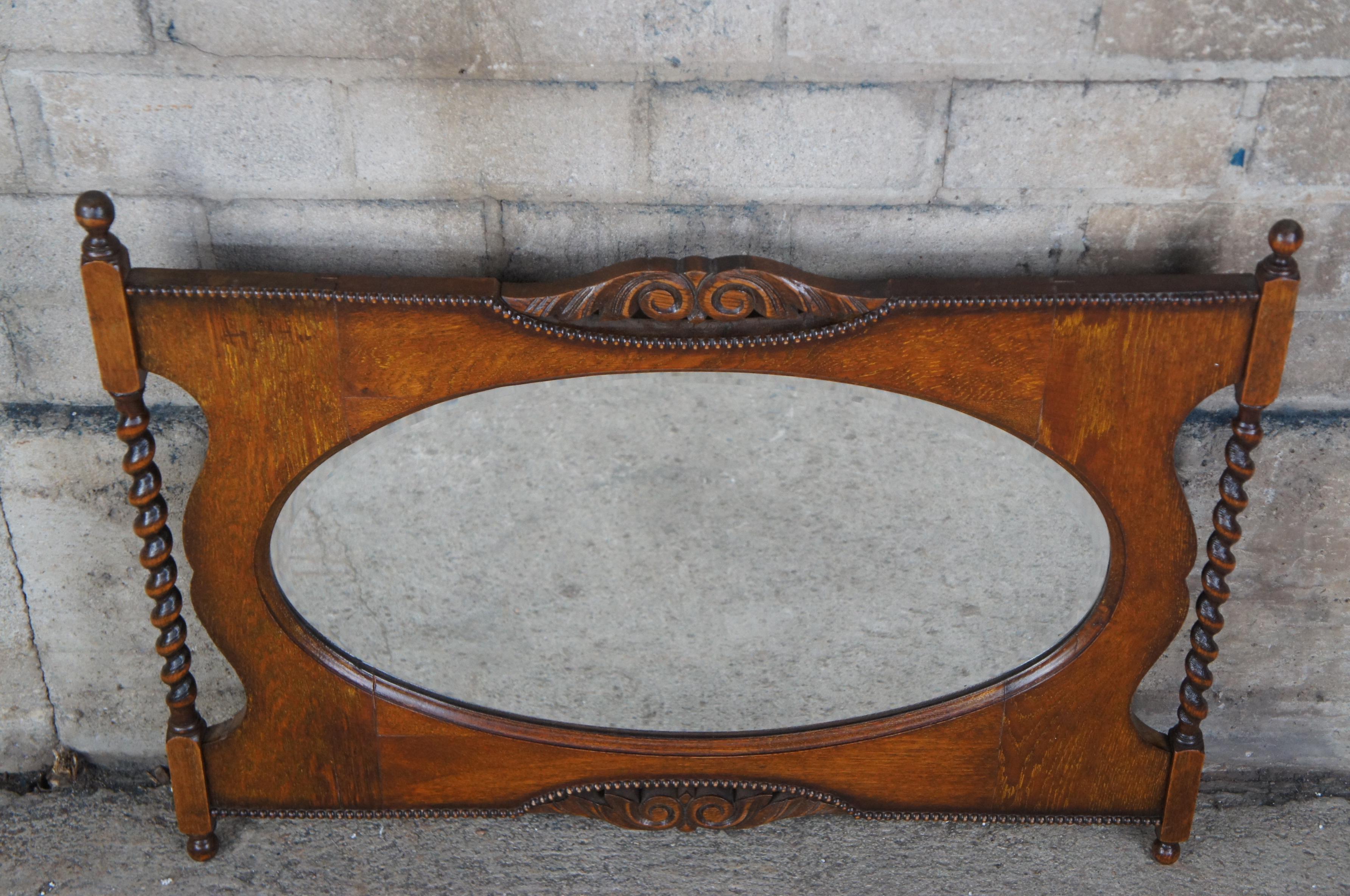 Antique Quartersawn Oak Barley Twist Oval Parlor Vanity Overmantle Mirror 34