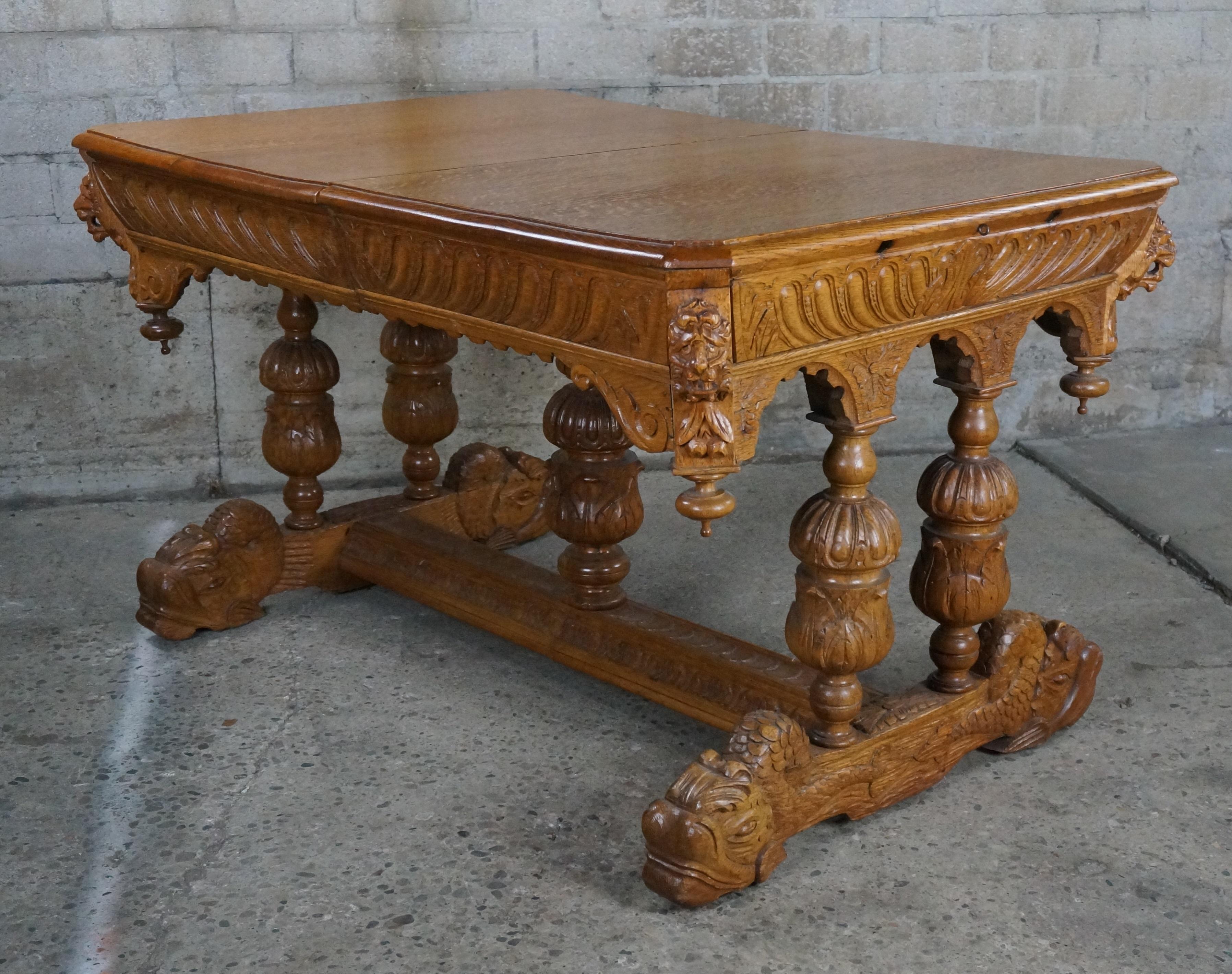 Antique Quartersawn Oak French Renaissance Revival Dining Table Library Desk  For Sale 7