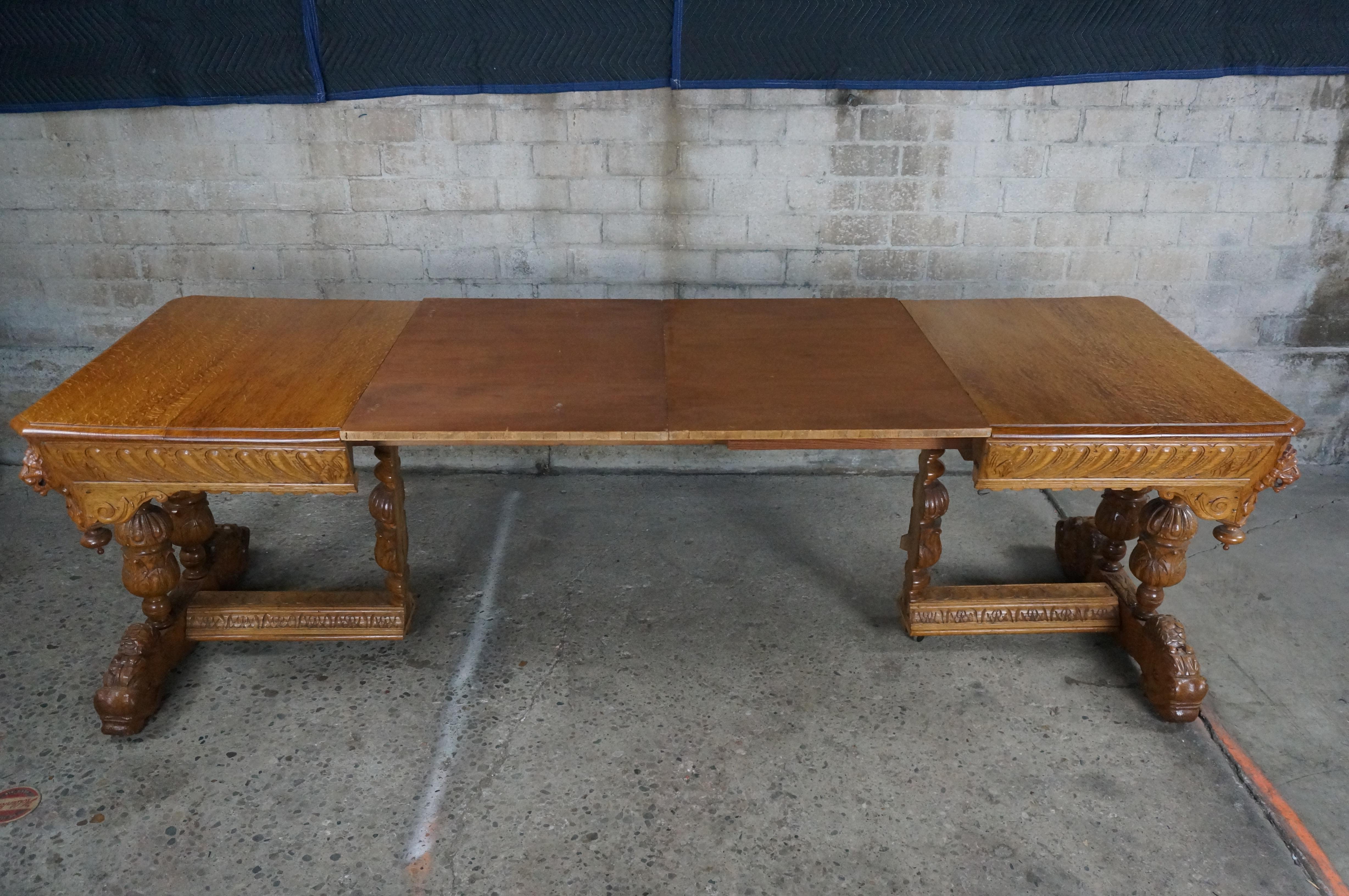 Antique Quartersawn Oak French Renaissance Revival Dining Table Library Desk  For Sale 8