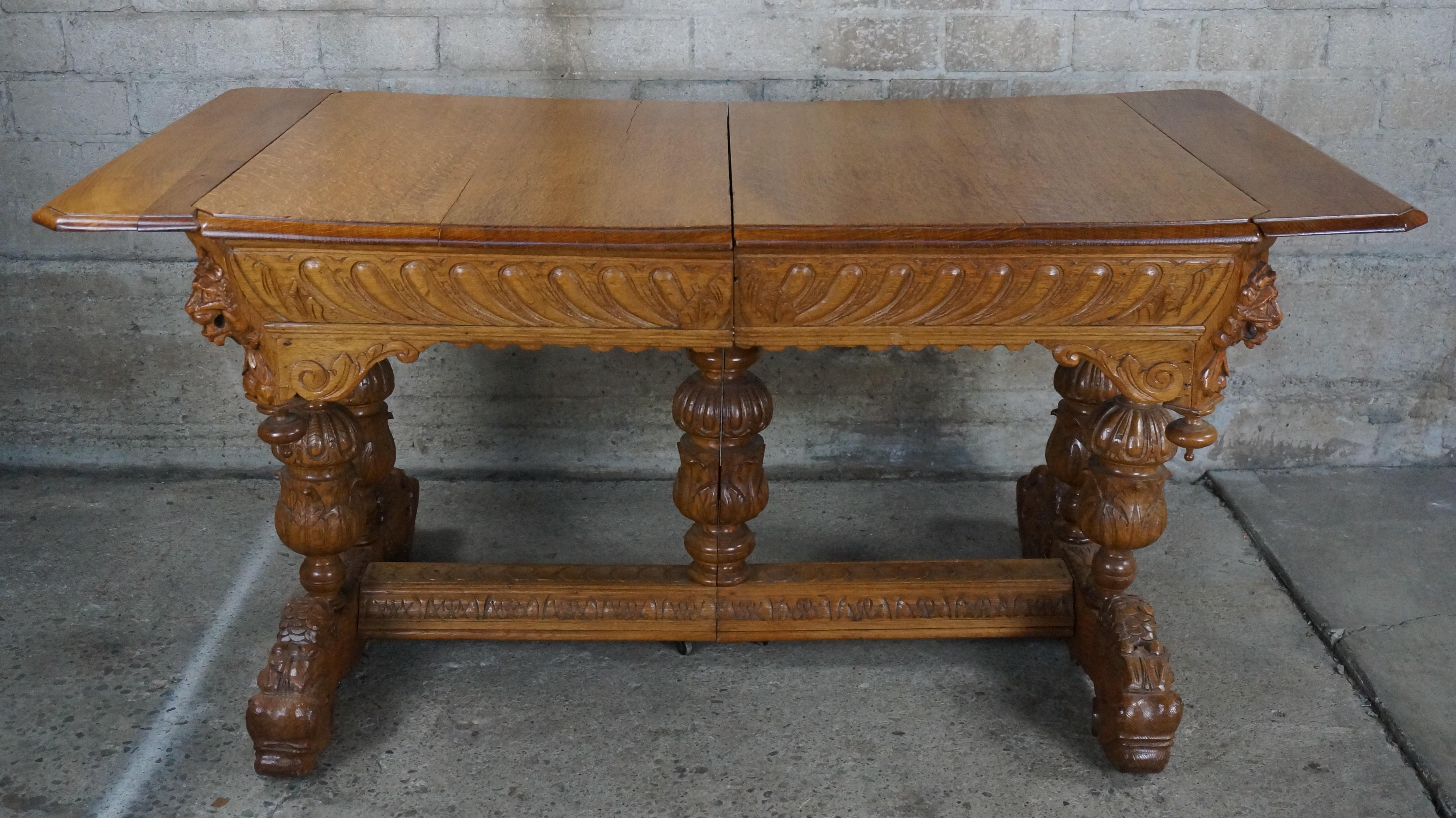 Late 19th Century Antique Quartersawn Oak French Renaissance Revival Dining Table Library Desk  For Sale