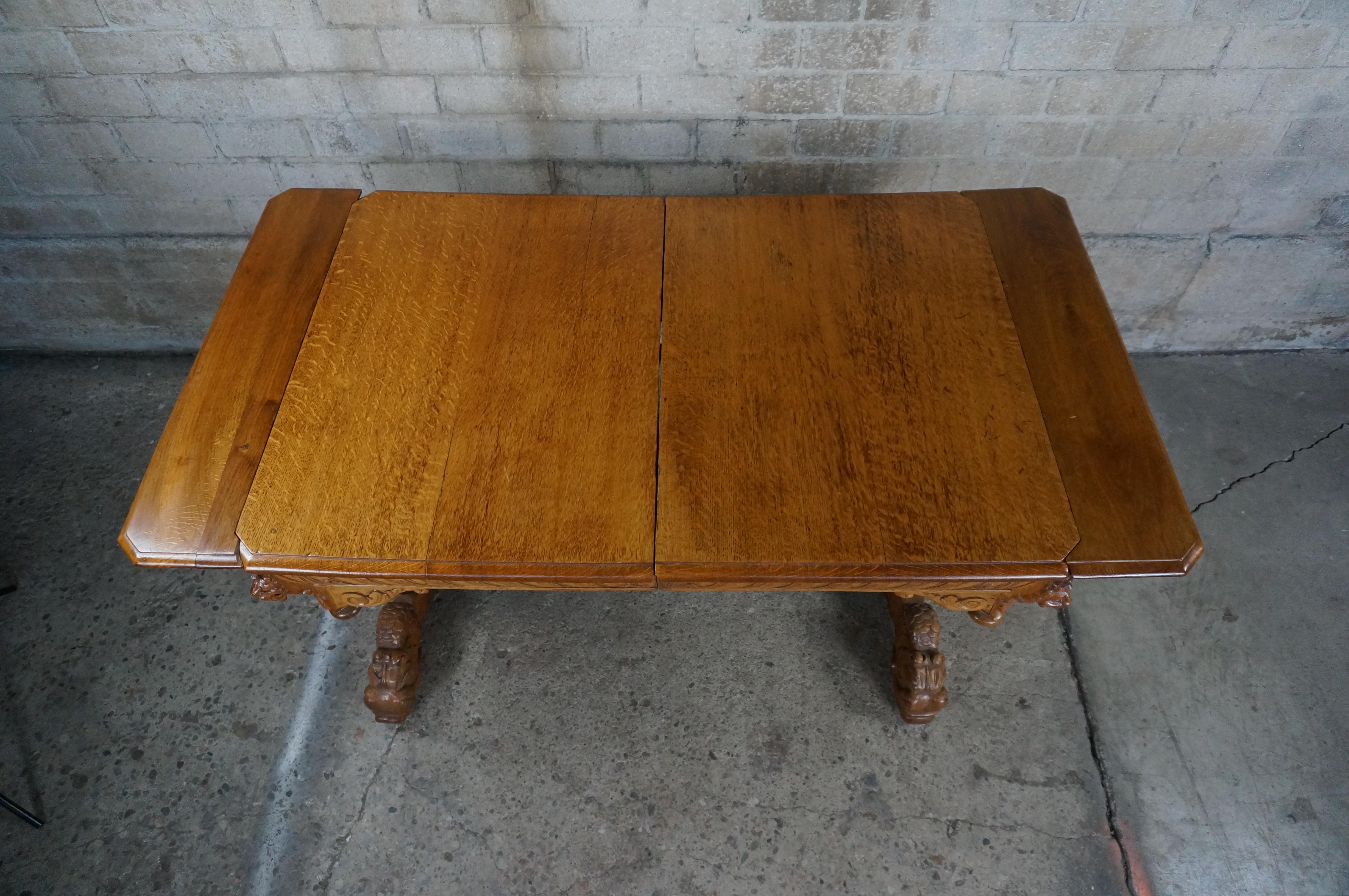 Antique Quartersawn Oak French Renaissance Revival Dining Table Library Desk  For Sale 1