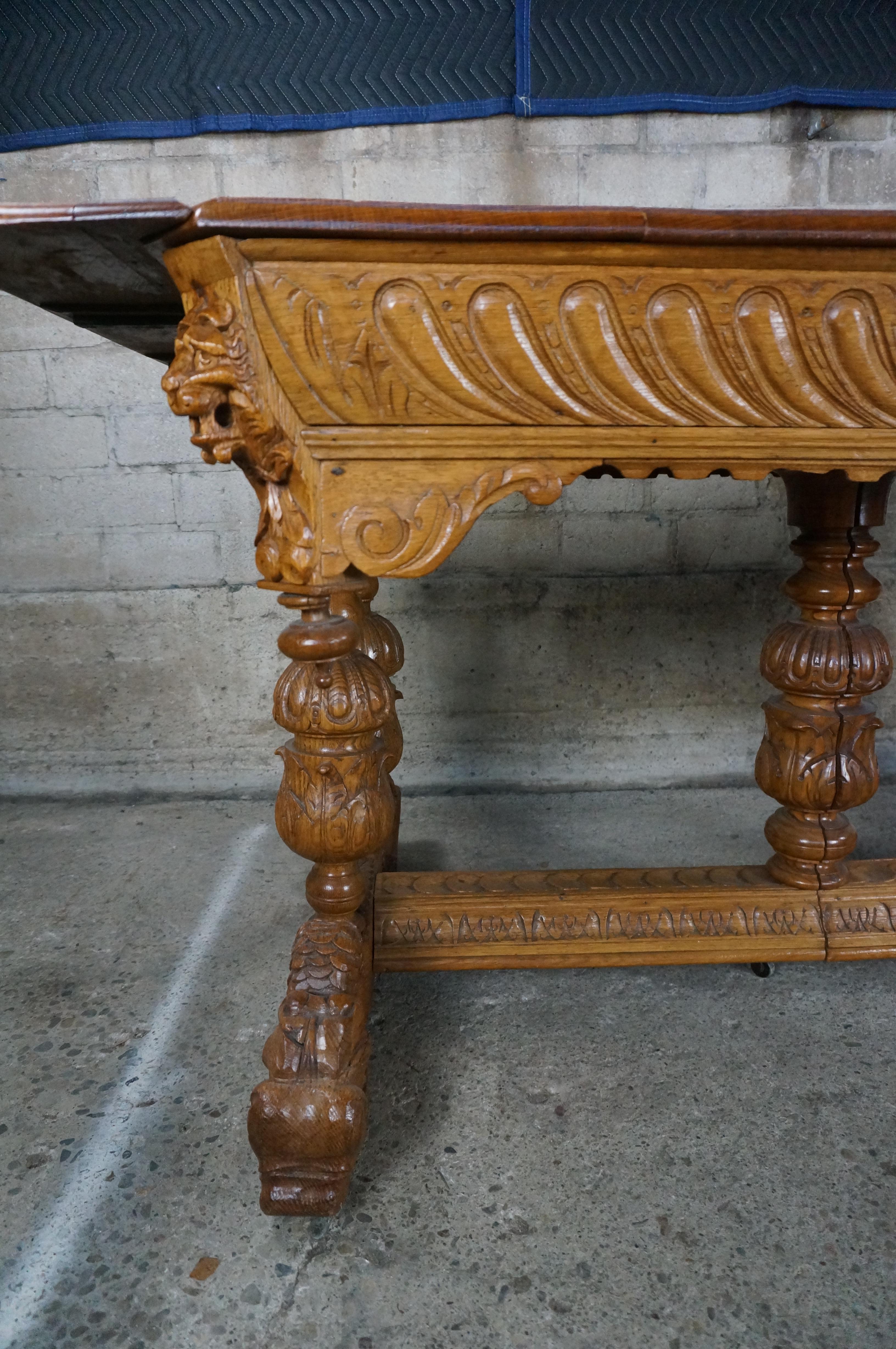 Antique Quartersawn Oak French Renaissance Revival Dining Table Library Desk  For Sale 3
