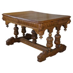 Antique Quartersawn Oak French Renaissance Revival Dining Table Library Desk 