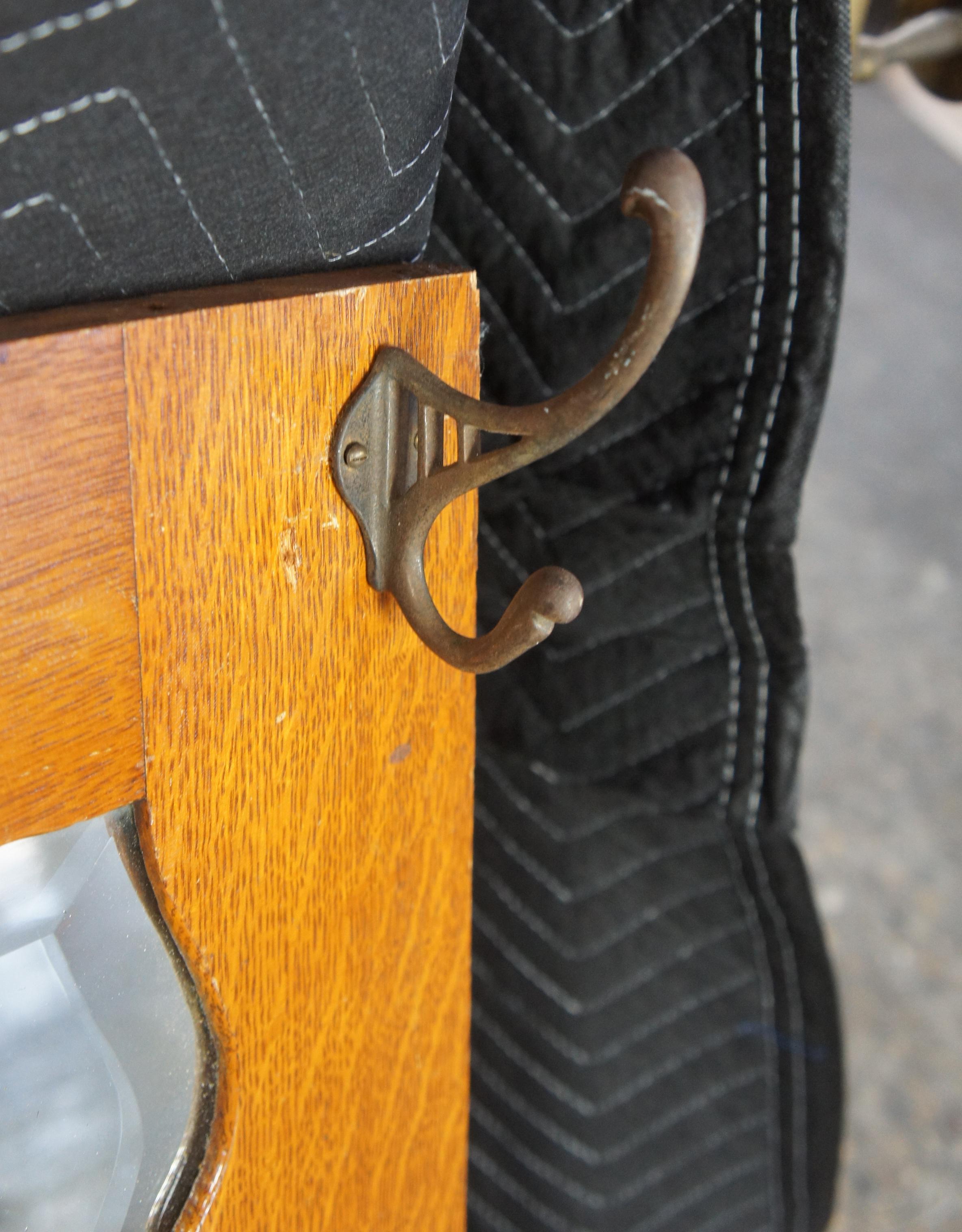 Antique Quartersawn Oak Hall Tree Mirror Coat Rack Victorian Mission Beveled In Good Condition In Dayton, OH