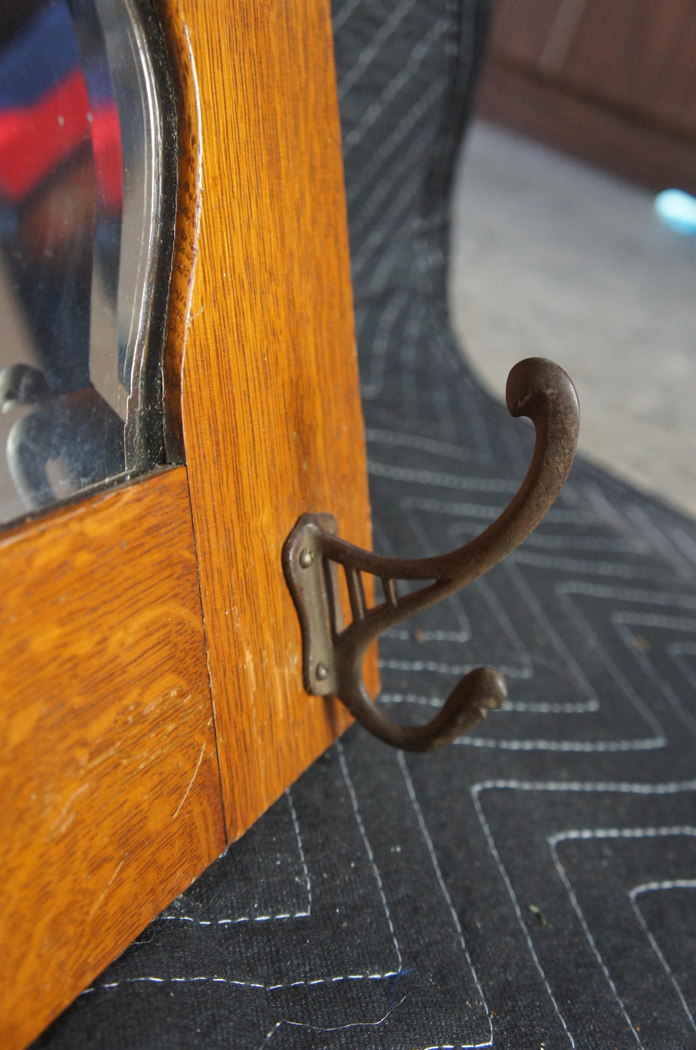 Antique Quartersawn Oak Hall Tree Mirror Coat Rack Victorian Mission Beveled 1