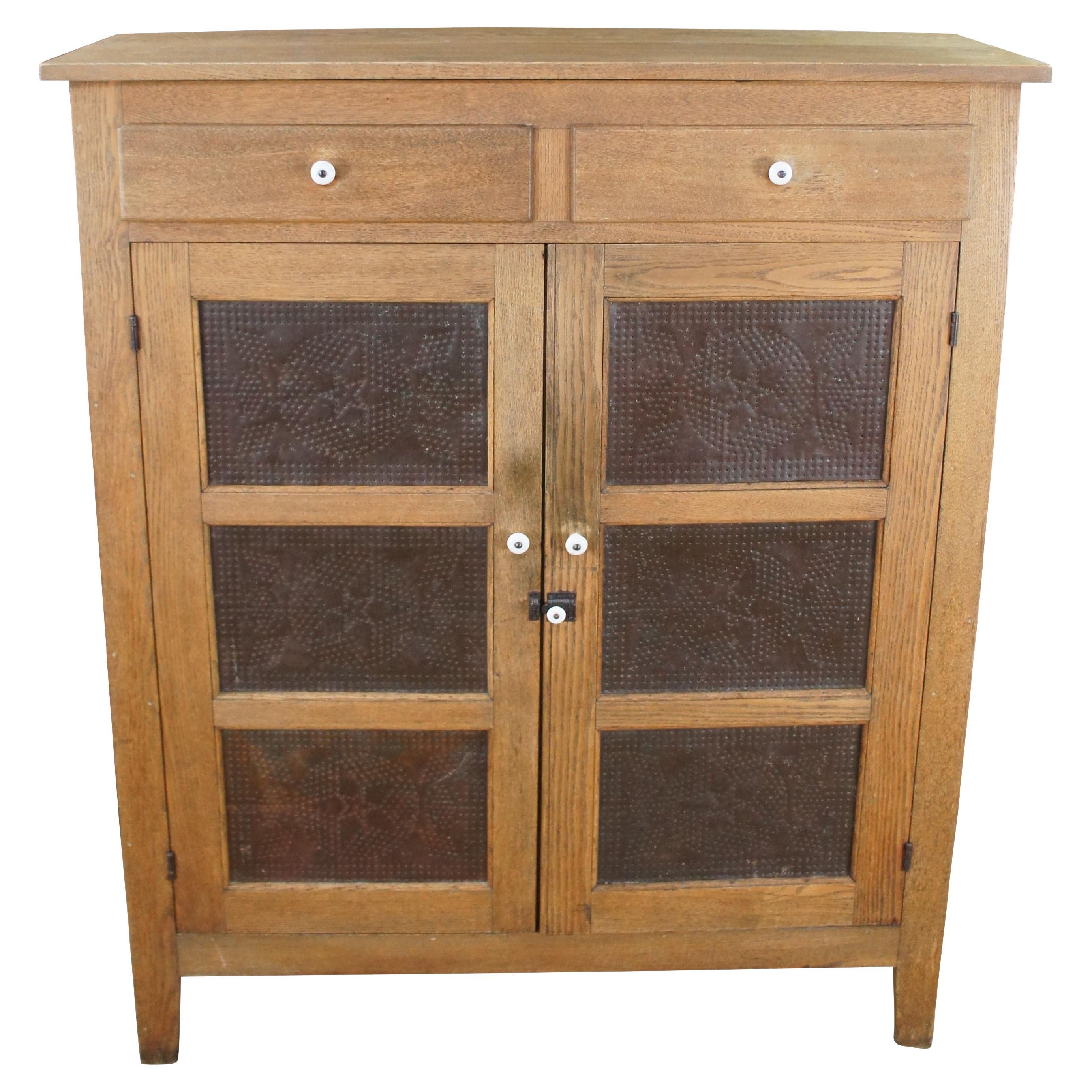 Antique Quartersawn Oak Pierced Tin Star Pie Safe Kitchen Cupboard Cabinet 51" For Sale