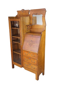 Antique Quartersawn Oak Side by Side Secretary Desk Bookcase Curio Cabinet