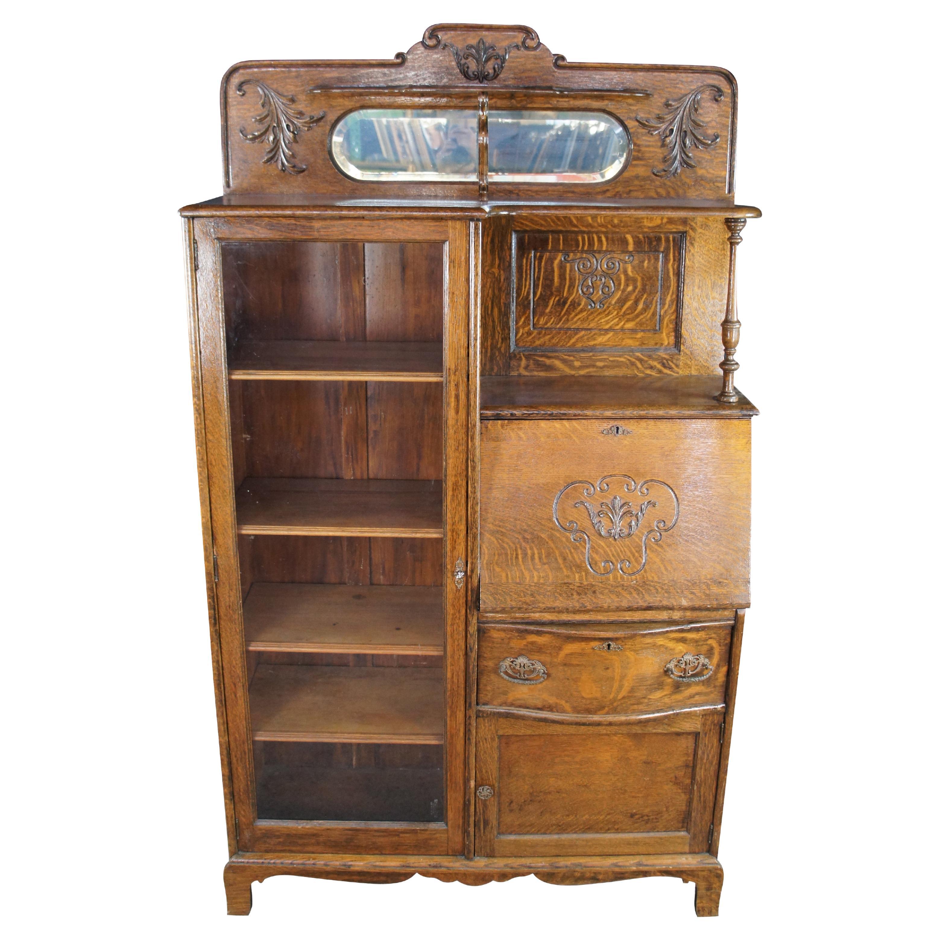 Antique Quartersawn Oak Side by Side Secretary Desk Bookcase Curio Cabinet For Sale