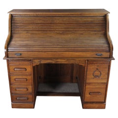 Antique Quartersawn Oak Tambour Roll Top Kneehole Secretary Bankers Writing Desk