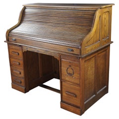 Antique Quartersawn Oak Tambour Roll Top Kneehole Secretary Bankers Writing Desk Antique Quartersawn Oak Tambour Roll Top Kneehole Secretary Bankers Writing Desk