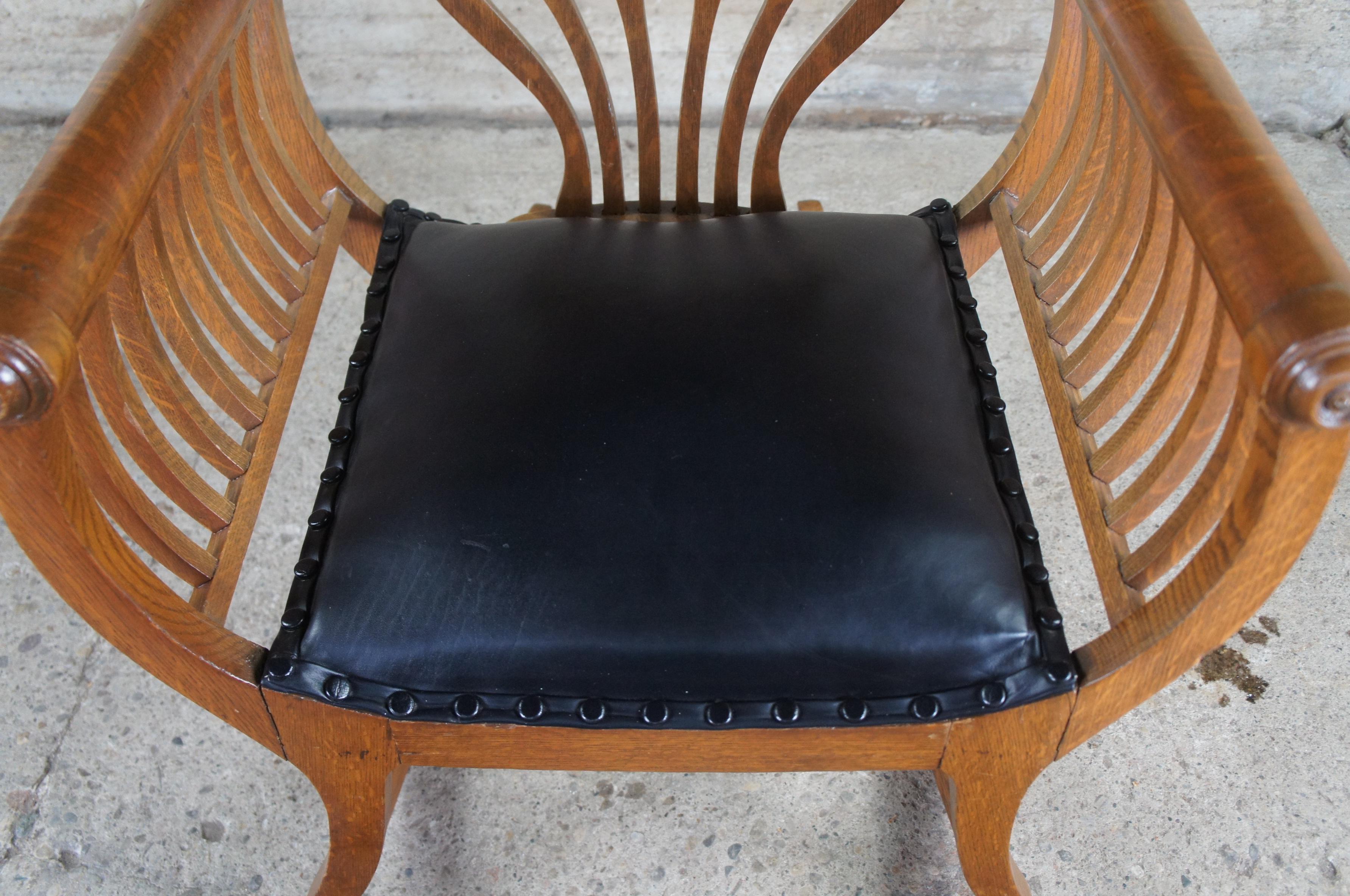 Antique Quartersawn Oak Tufted Leather Curule Saddle Seat Rocking Arm Chair 2