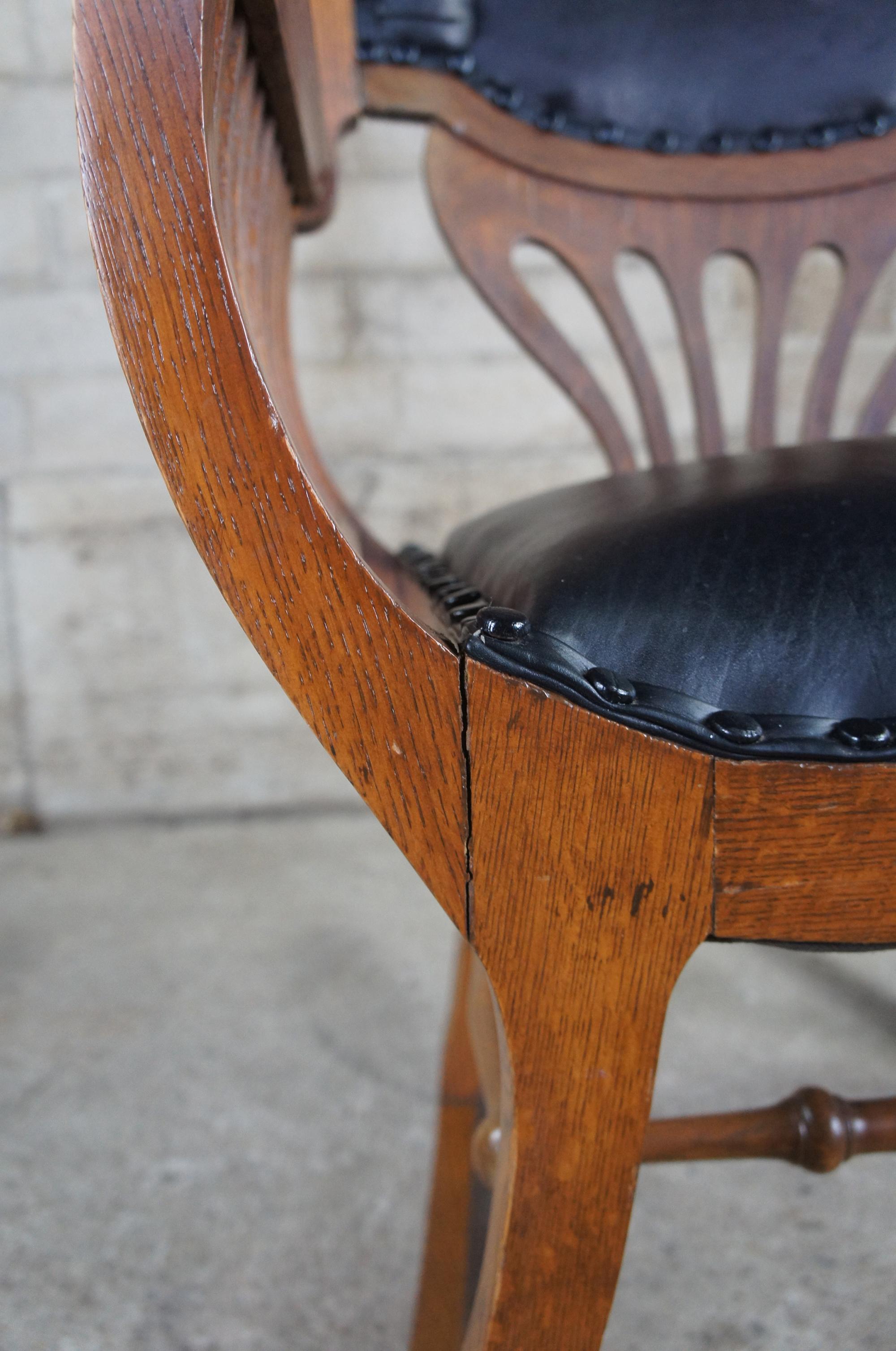 Antique Quartersawn Oak Tufted Leather Curule Saddle Seat Rocking Arm Chair 3