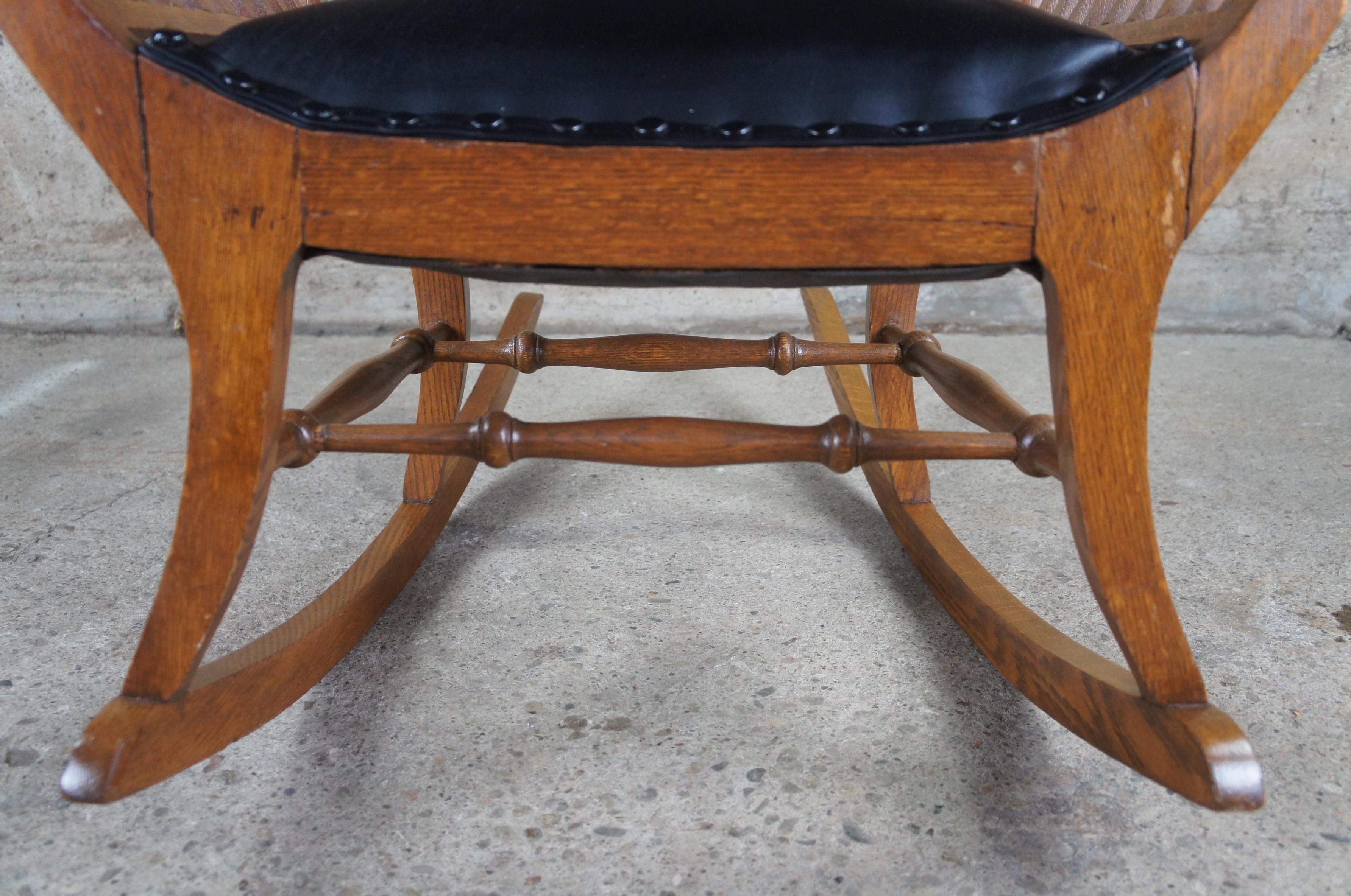 Antique Quartersawn Oak Tufted Leather Curule Saddle Seat Rocking Arm Chair 4
