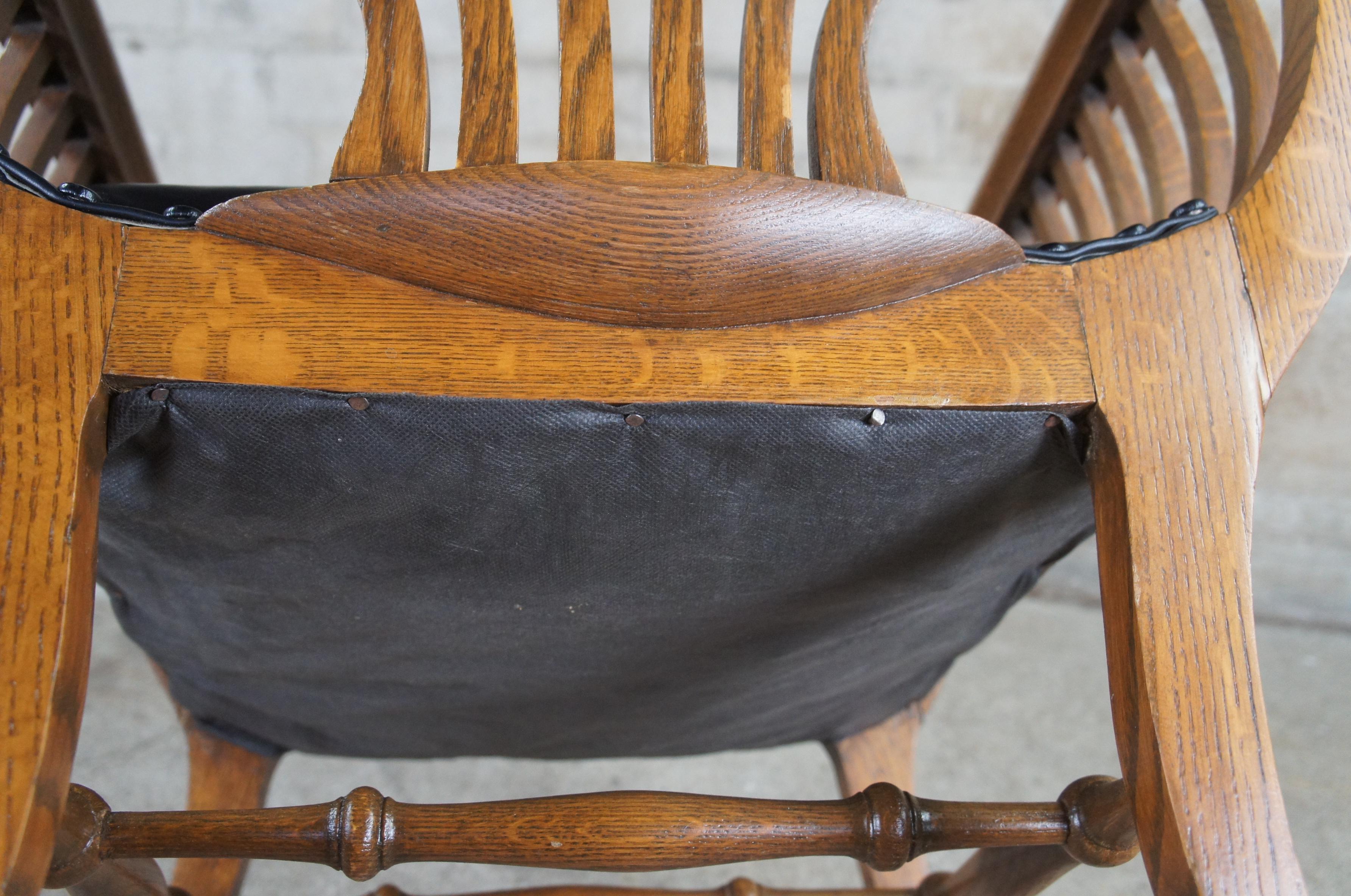 Antique Quartersawn Oak Tufted Leather Curule Saddle Seat Rocking Arm Chair 5