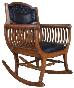 Antique Quartersawn Oak Tufted Leather Curule Saddle Seat Rocking Arm Chair