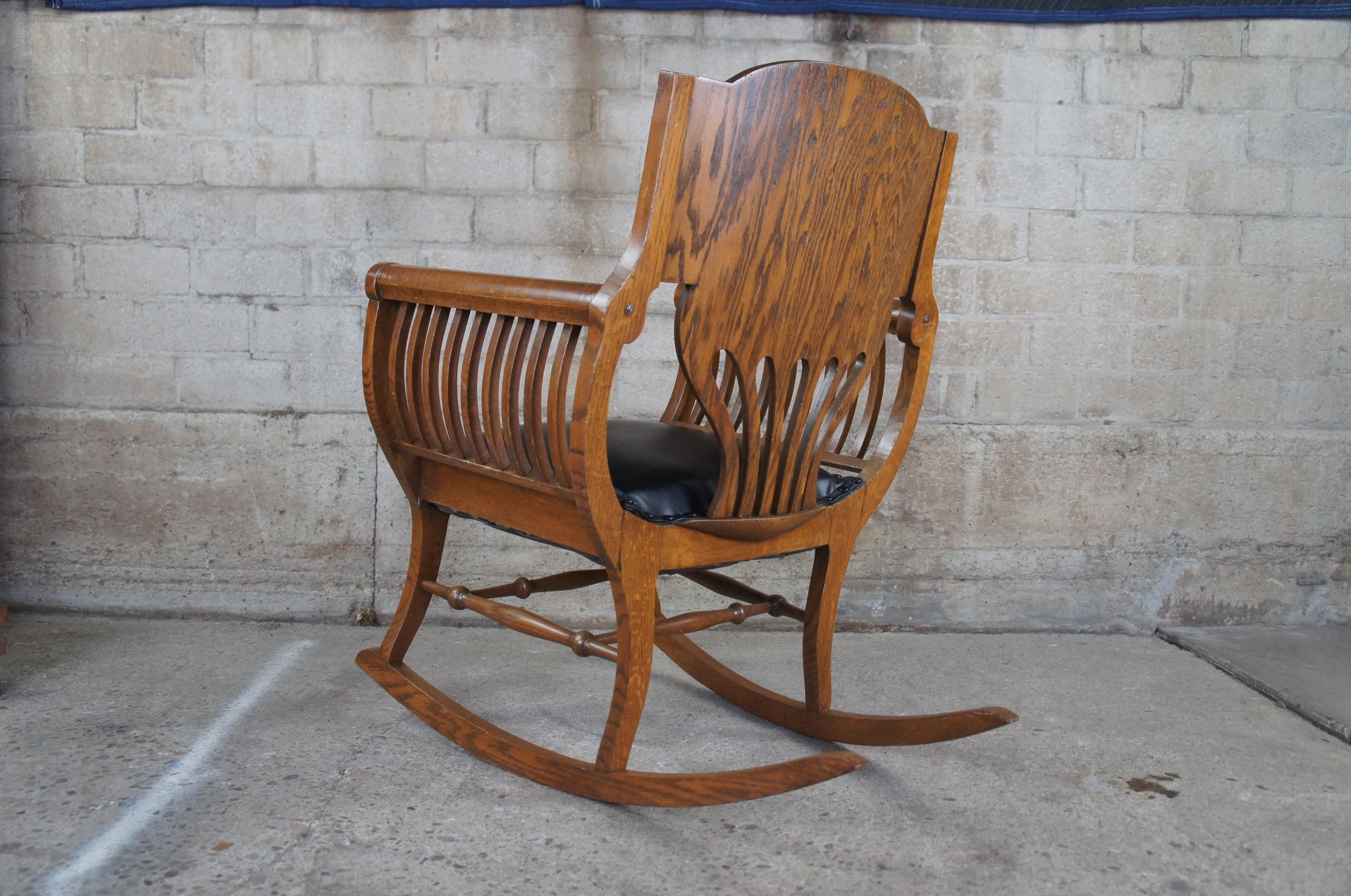 Victorian Antique Quartersawn Oak Tufted Leather Curule Saddle Seat Rocking Arm Chair