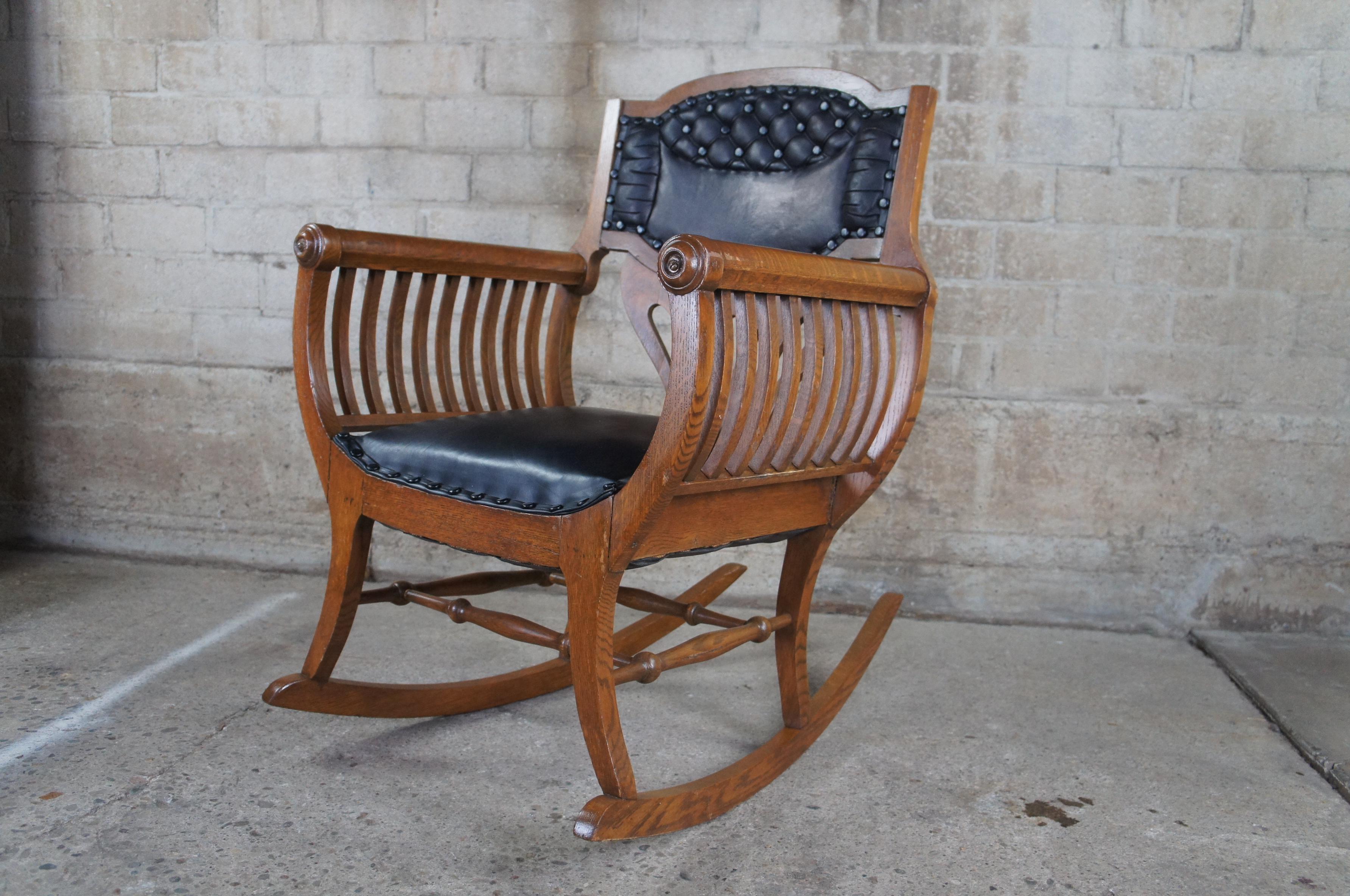 19th Century Antique Quartersawn Oak Tufted Leather Curule Saddle Seat Rocking Arm Chair