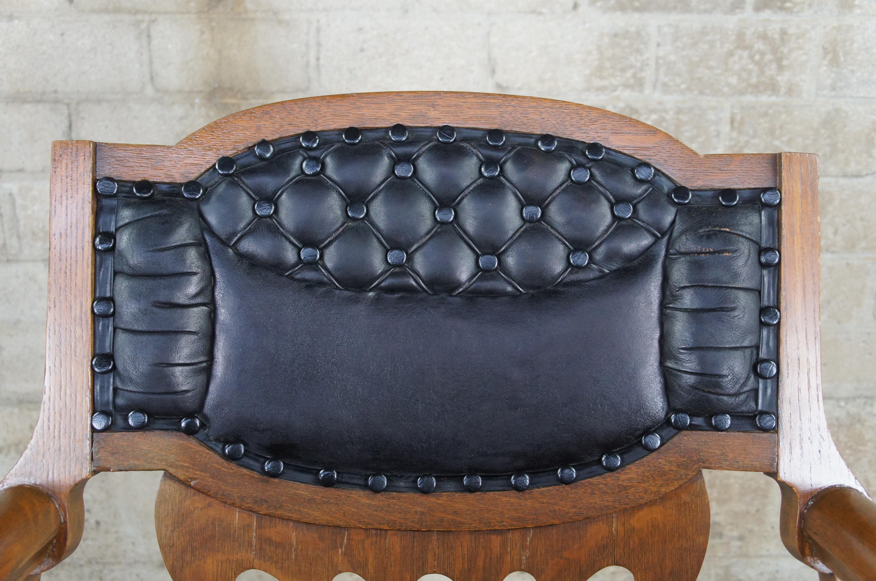 Antique Quartersawn Oak Tufted Leather Curule Saddle Seat Rocking Arm Chair 1