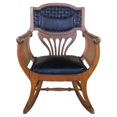 Antique Quartersawn Oak Tufted Leather Curule Saddle Seat Rocking Arm Chair