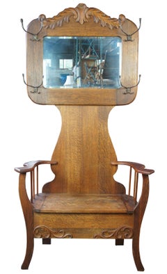 Antique Quartersawn Oak Victorian Carved Hall Tree Seated Bench Beveled Mirror