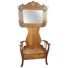 Antique Quartersawn Oak Victorian Carved Hall Tree Seated Bench Beveled Mirror