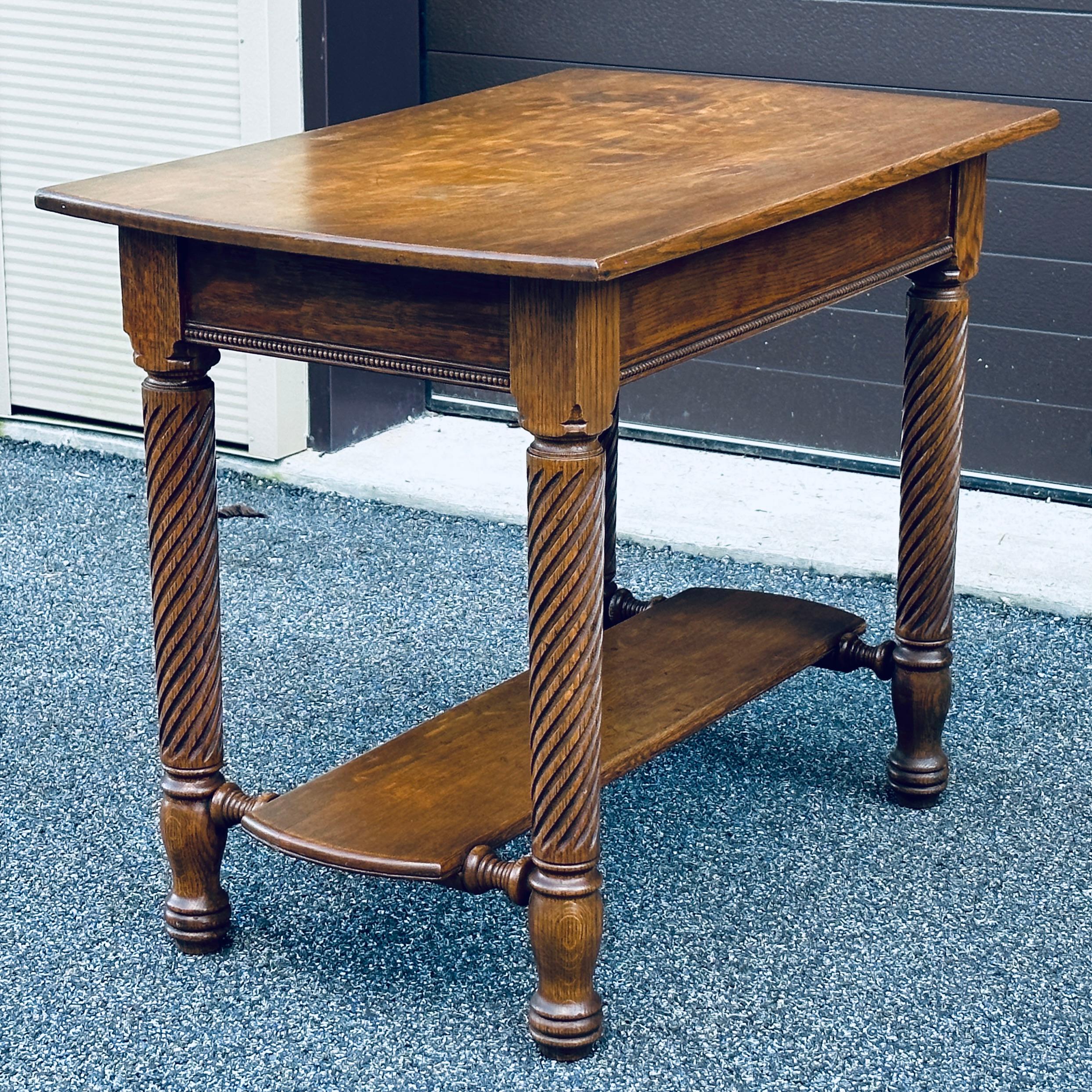 Victorian Antique Quartersawn Solid Oak Library Table With Twist Legs & Drawer For Sale