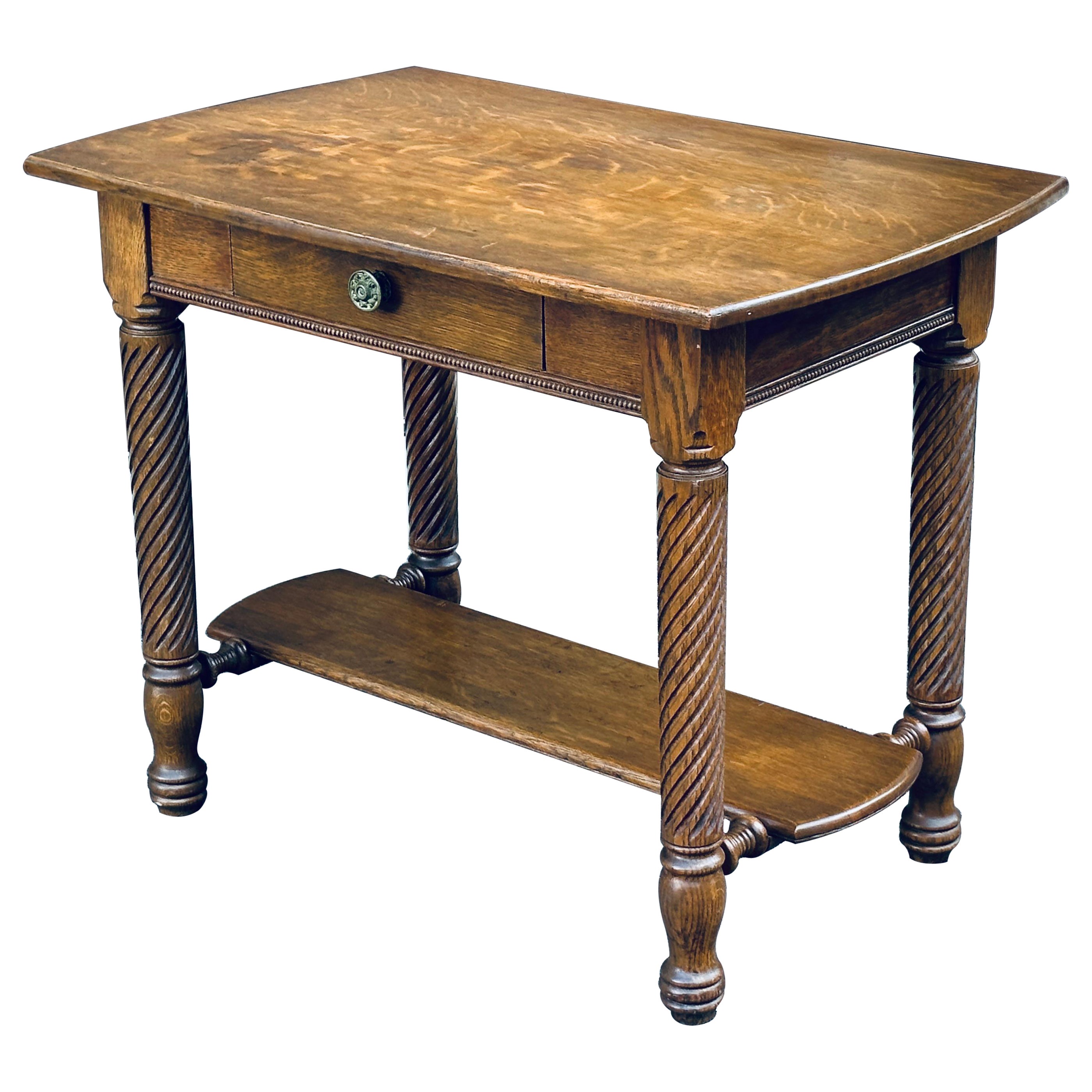 Antique Quartersawn Solid Oak Library Table With Twist Legs & Drawer