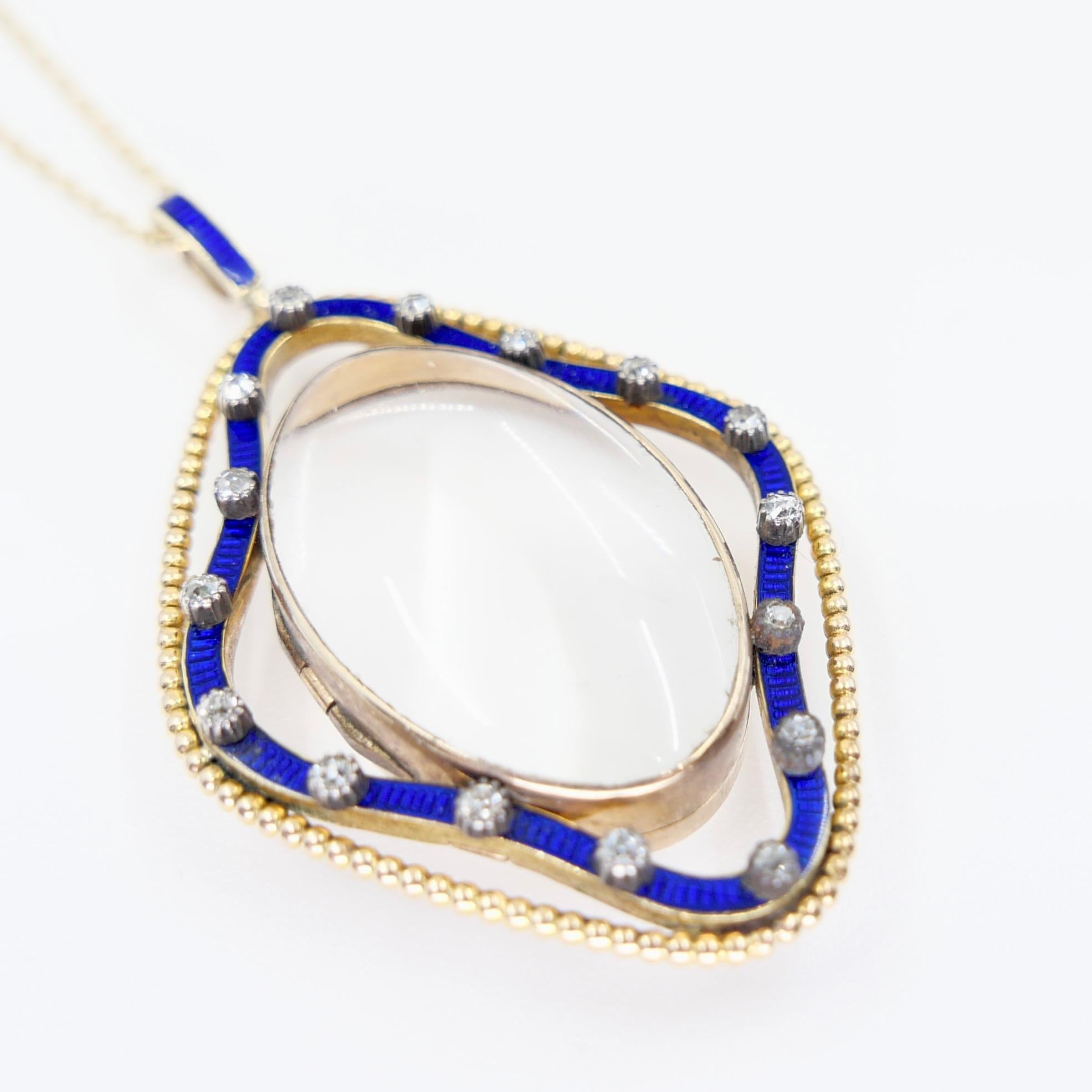 Pendentif ancien en cristal de quartz, émail bleu de cobalt et diamant circa 1880 en vente 8