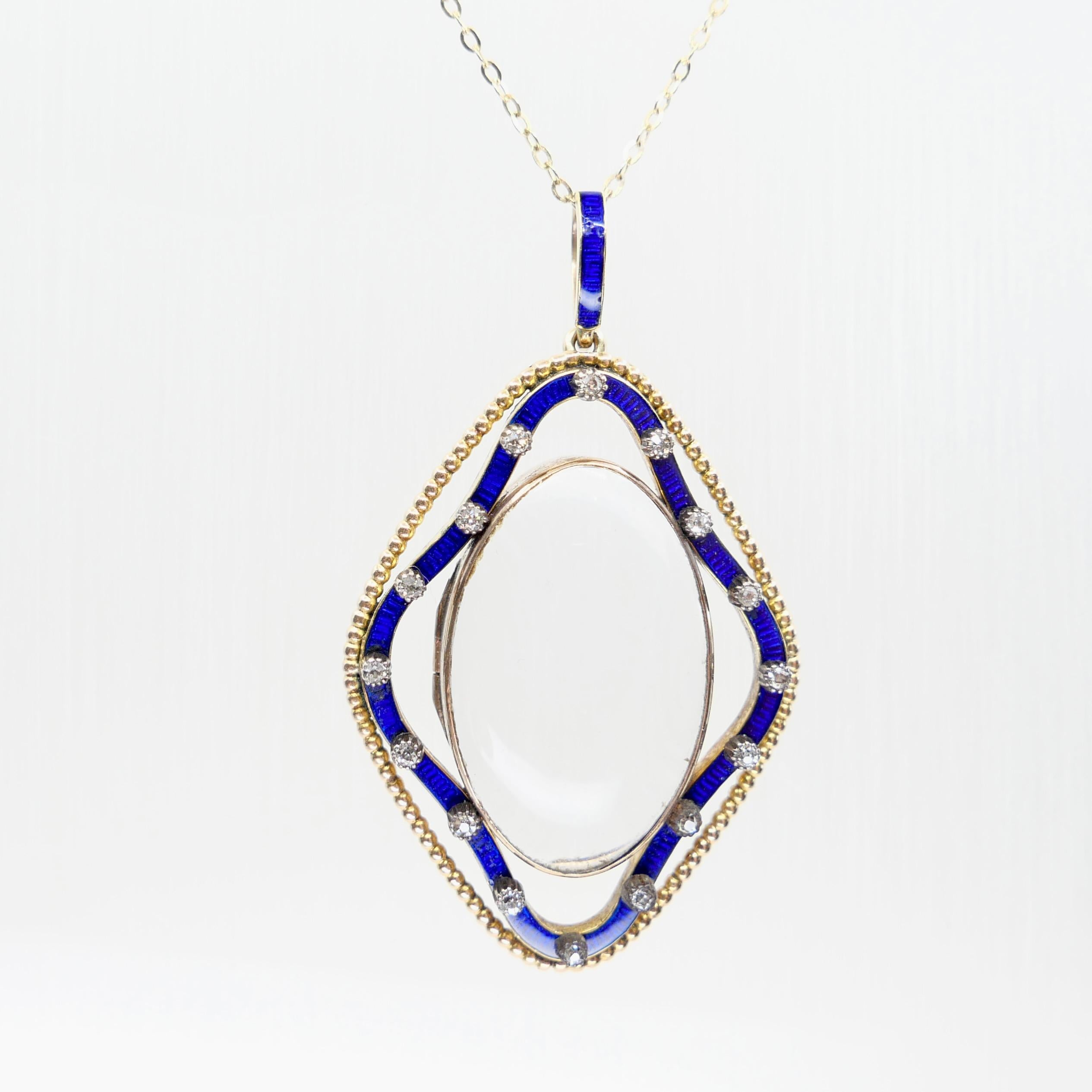 Pendentif ancien en cristal de quartz, émail bleu de cobalt et diamant circa 1880 en vente 12