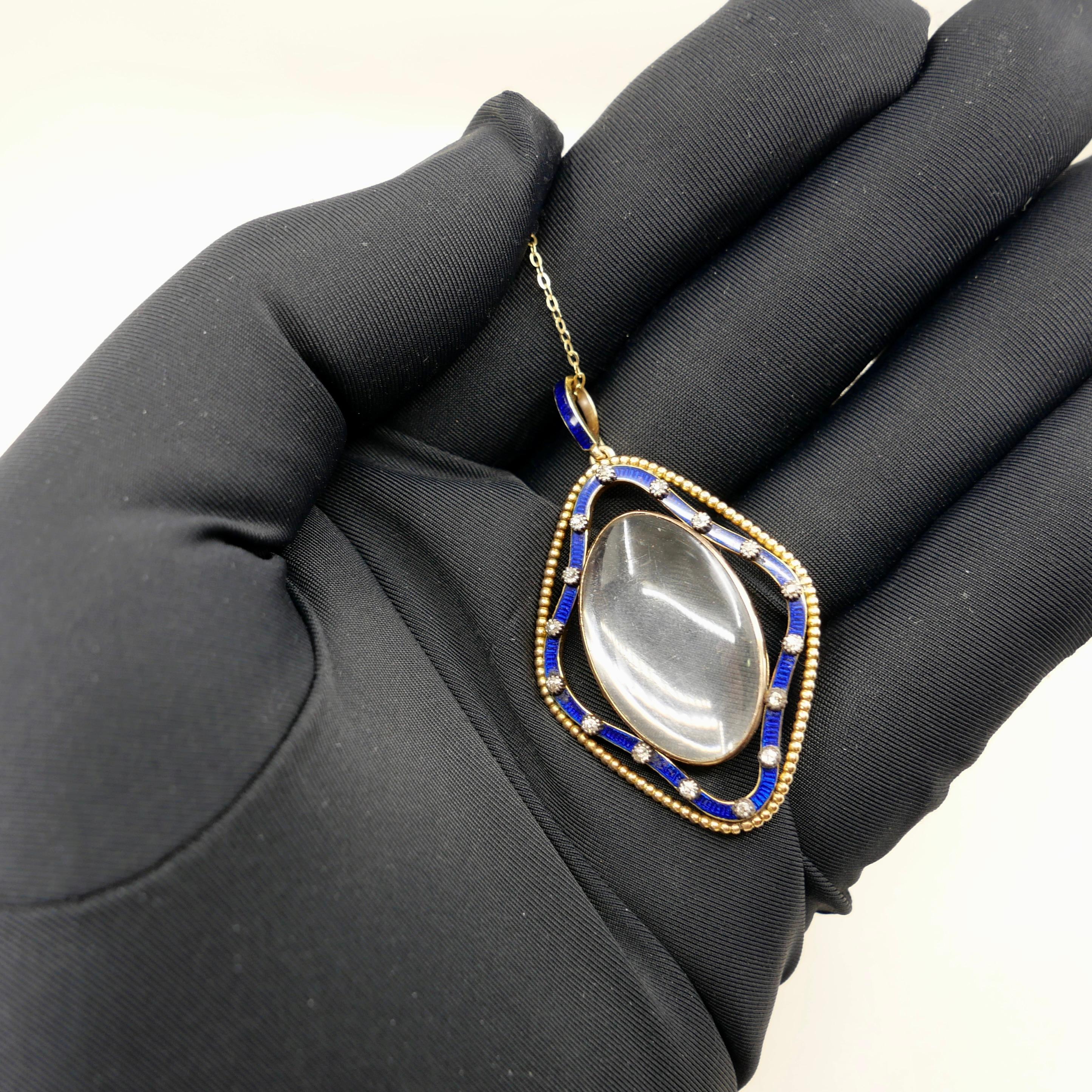Pendentif ancien en cristal de quartz, émail bleu de cobalt et diamant circa 1880 en vente 13