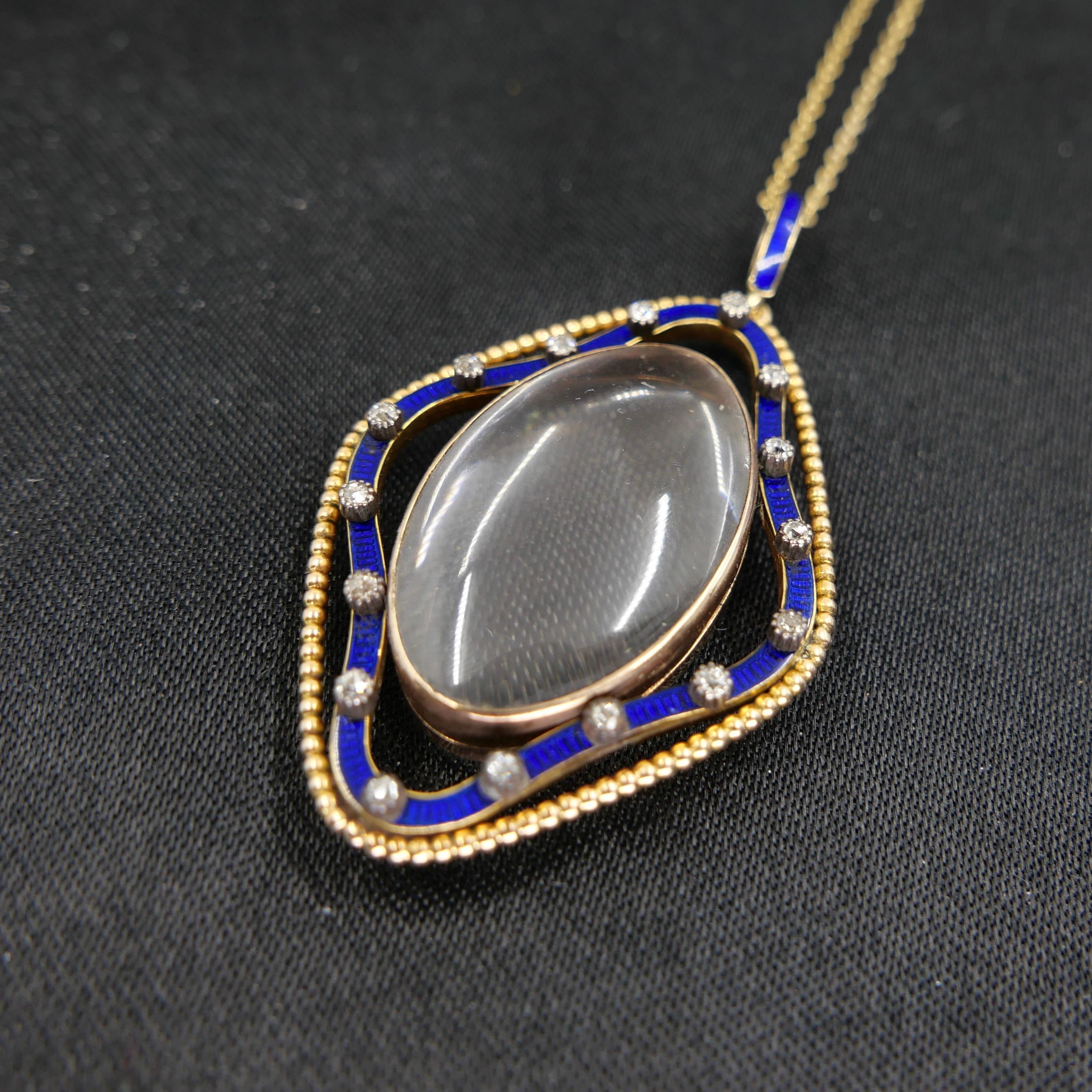 Pendentif ancien en cristal de quartz, émail bleu de cobalt et diamant circa 1880 en vente 14