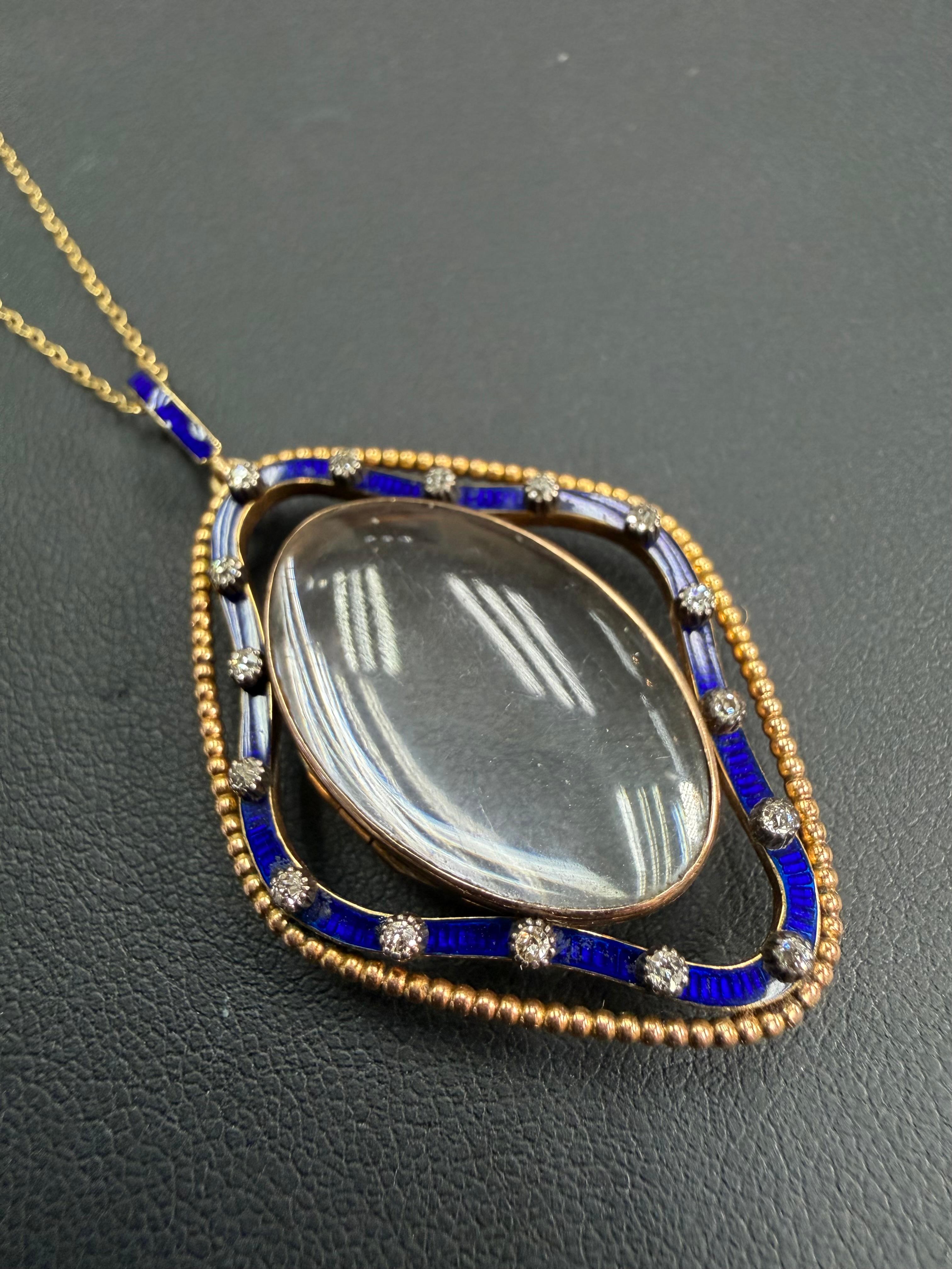 Pendentif ancien en cristal de quartz, émail bleu de cobalt et diamant circa 1880 en vente 15
