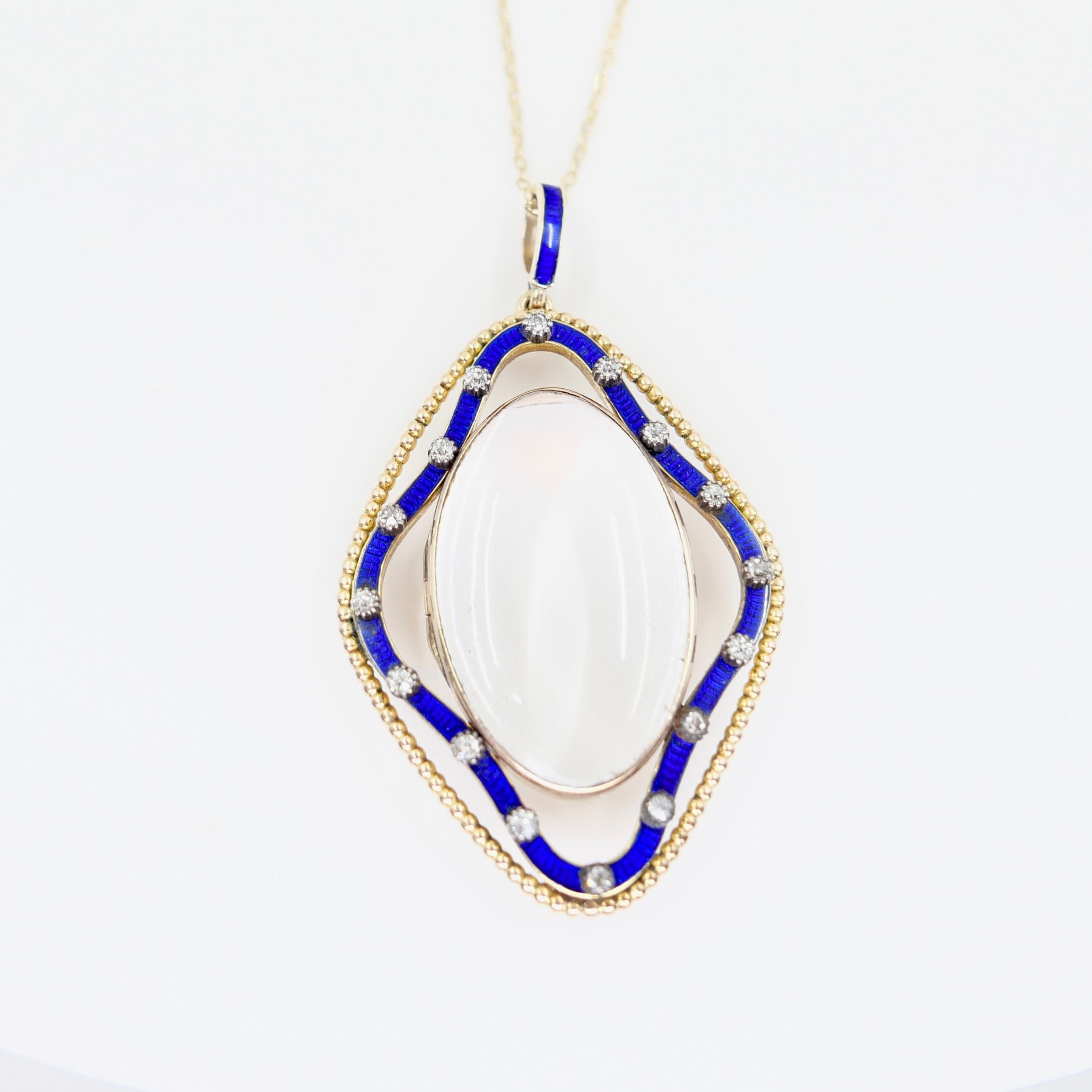 Pendentif ancien en cristal de quartz, émail bleu de cobalt et diamant circa 1880 Bon état - En vente à Hong Kong, HK