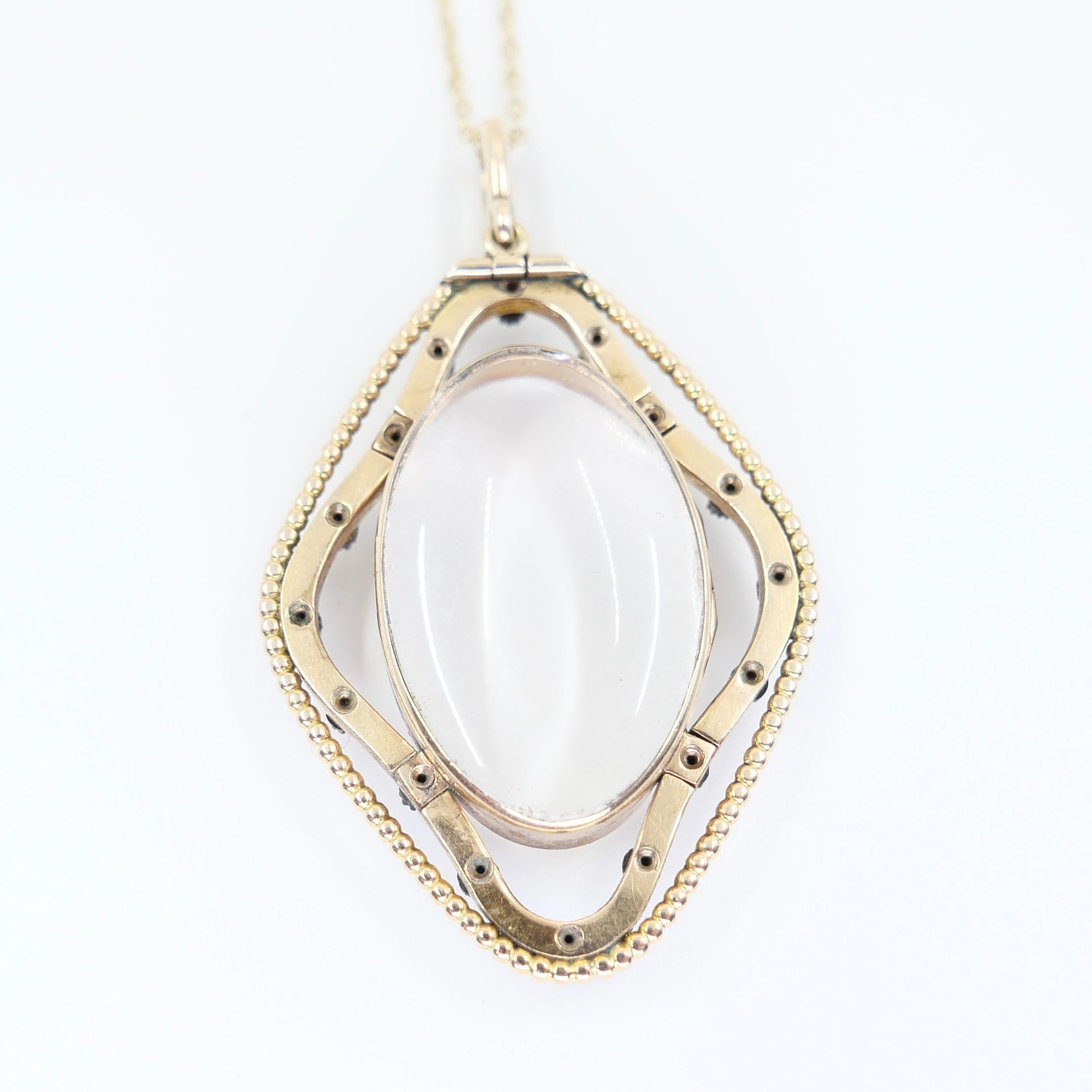 Pendentif ancien en cristal de quartz, émail bleu de cobalt et diamant circa 1880 en vente 1