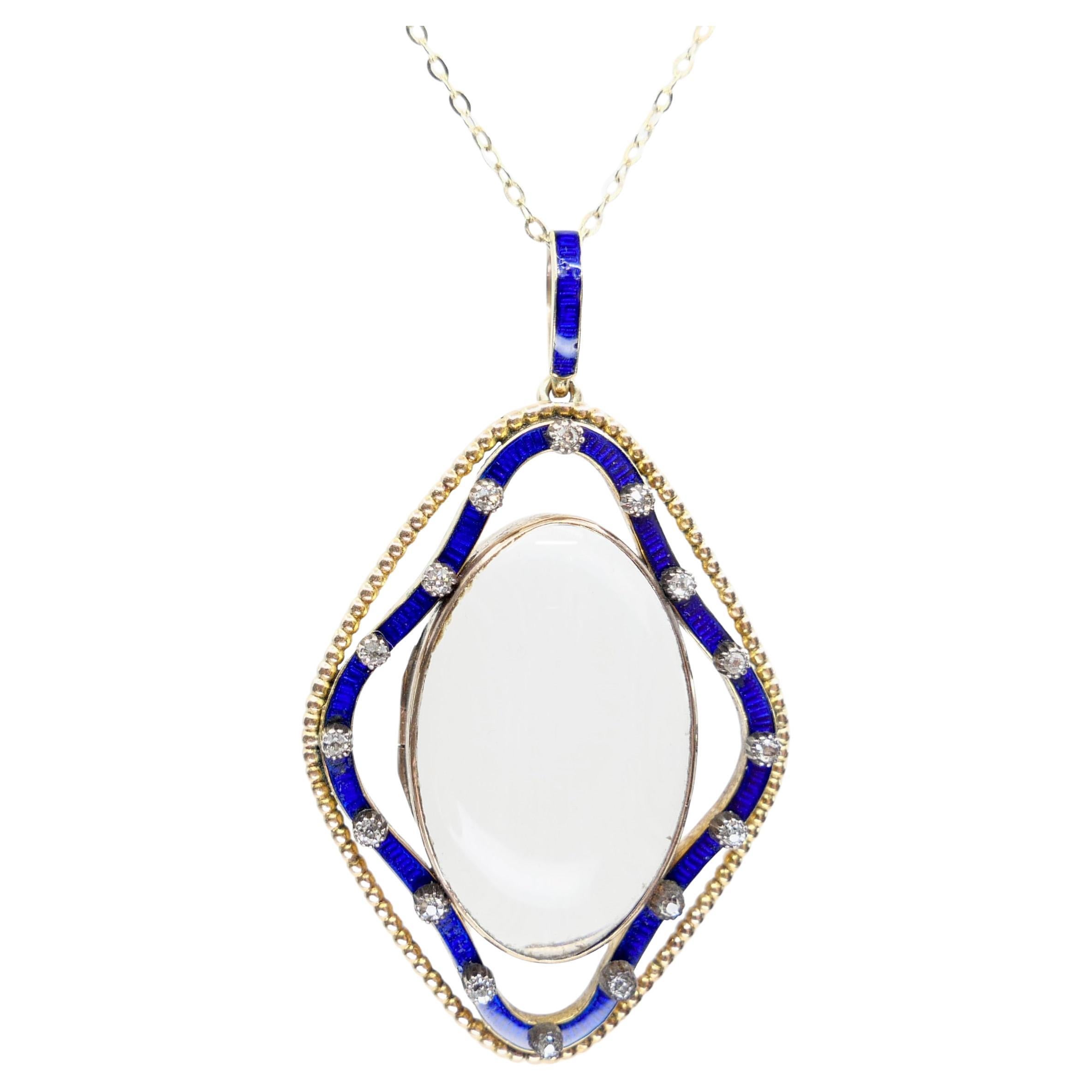 Pendentif ancien en cristal de quartz, émail bleu de cobalt et diamant circa 1880 en vente