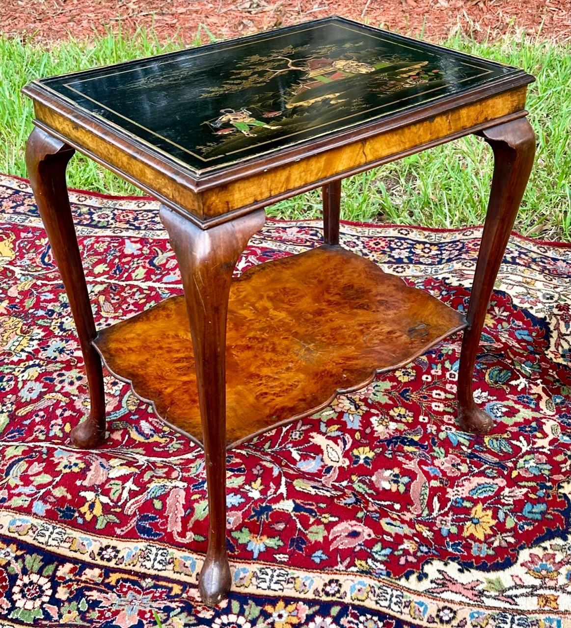 English Antique Queen Ann Style with Raised Lacquer Chinoiserie Side Table. For Sale