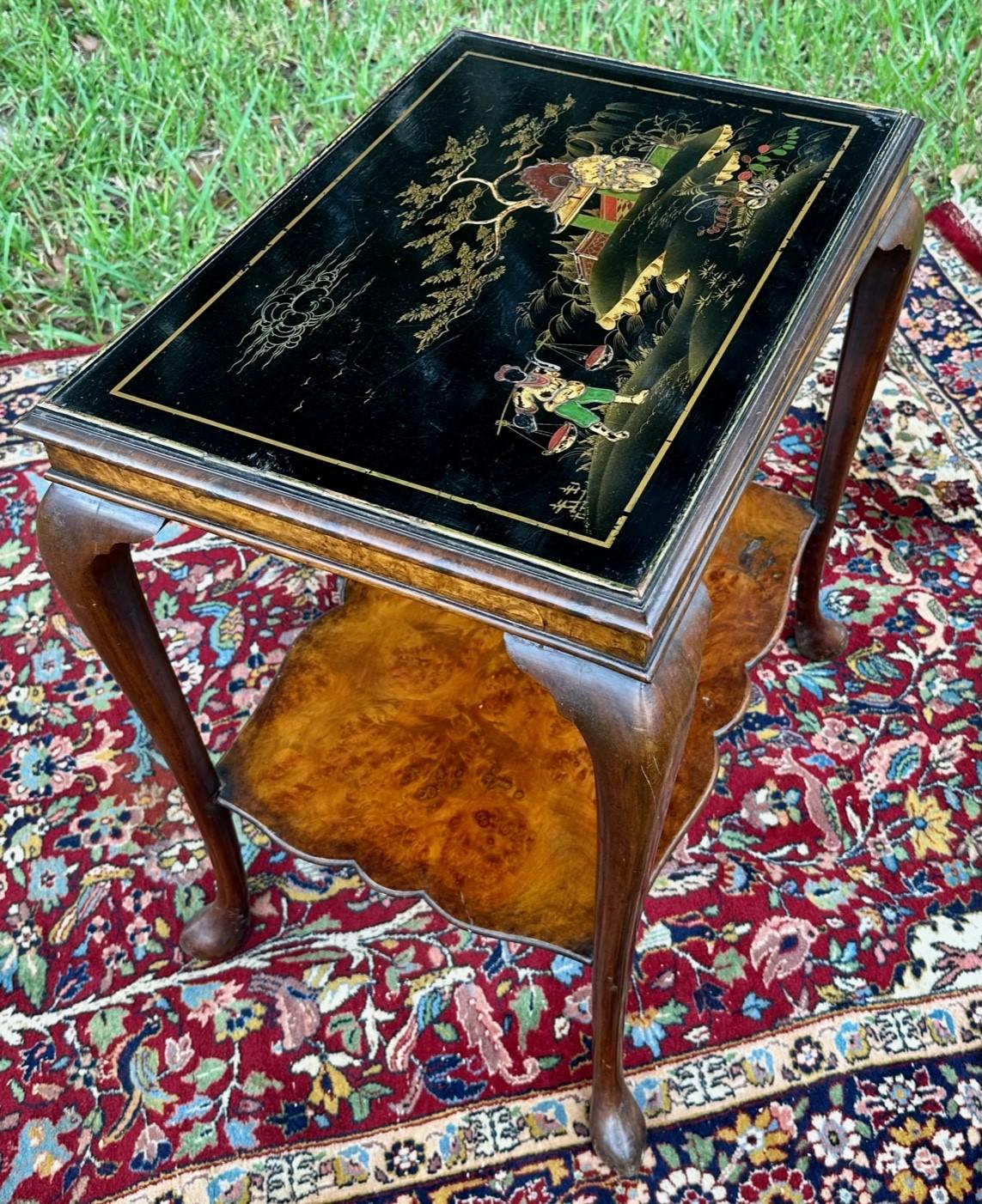 Antique Queen Ann Style with Raised Lacquer Chinoiserie Side Table. For Sale 2