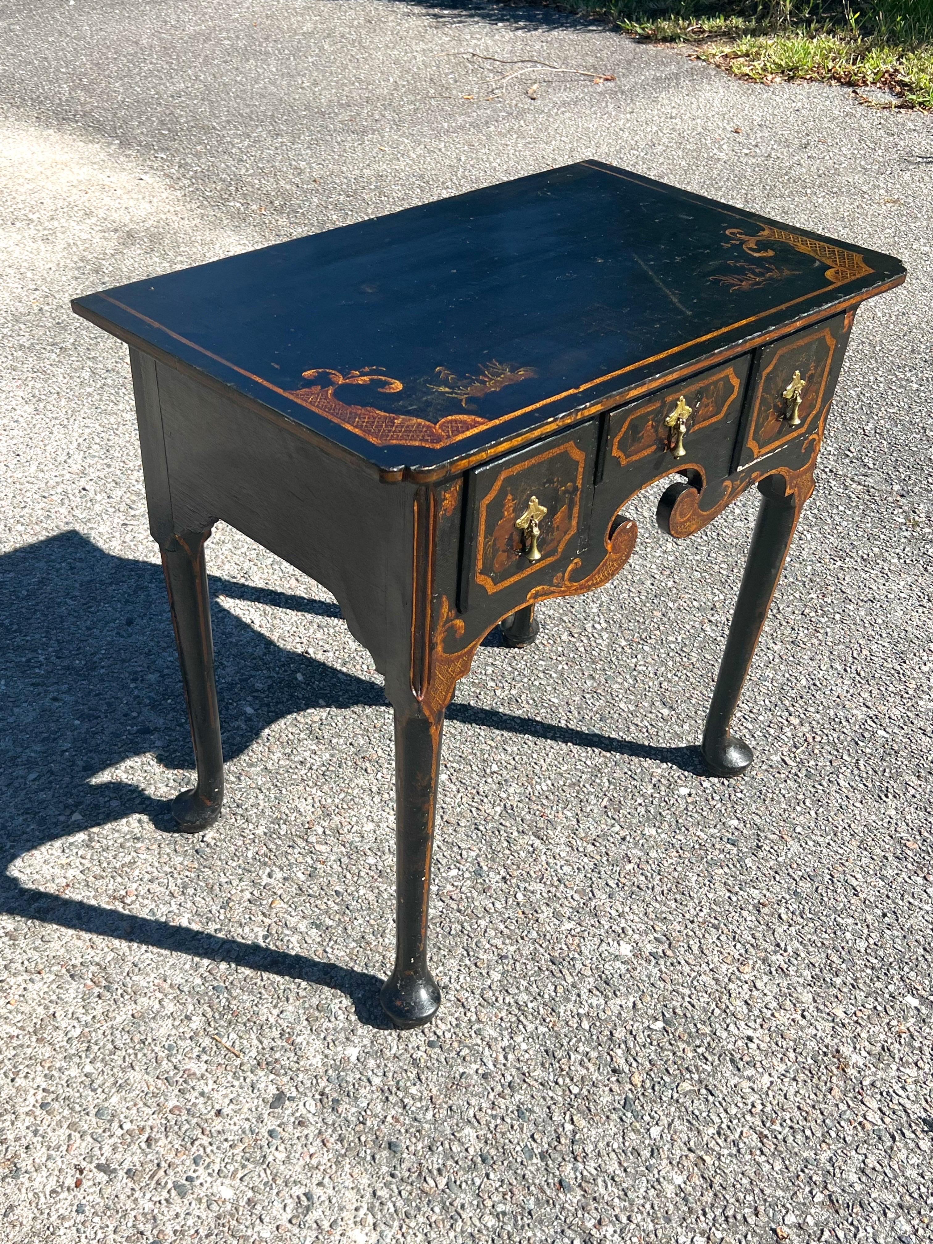 English Antique Queen Anne Black Japanned entryway table