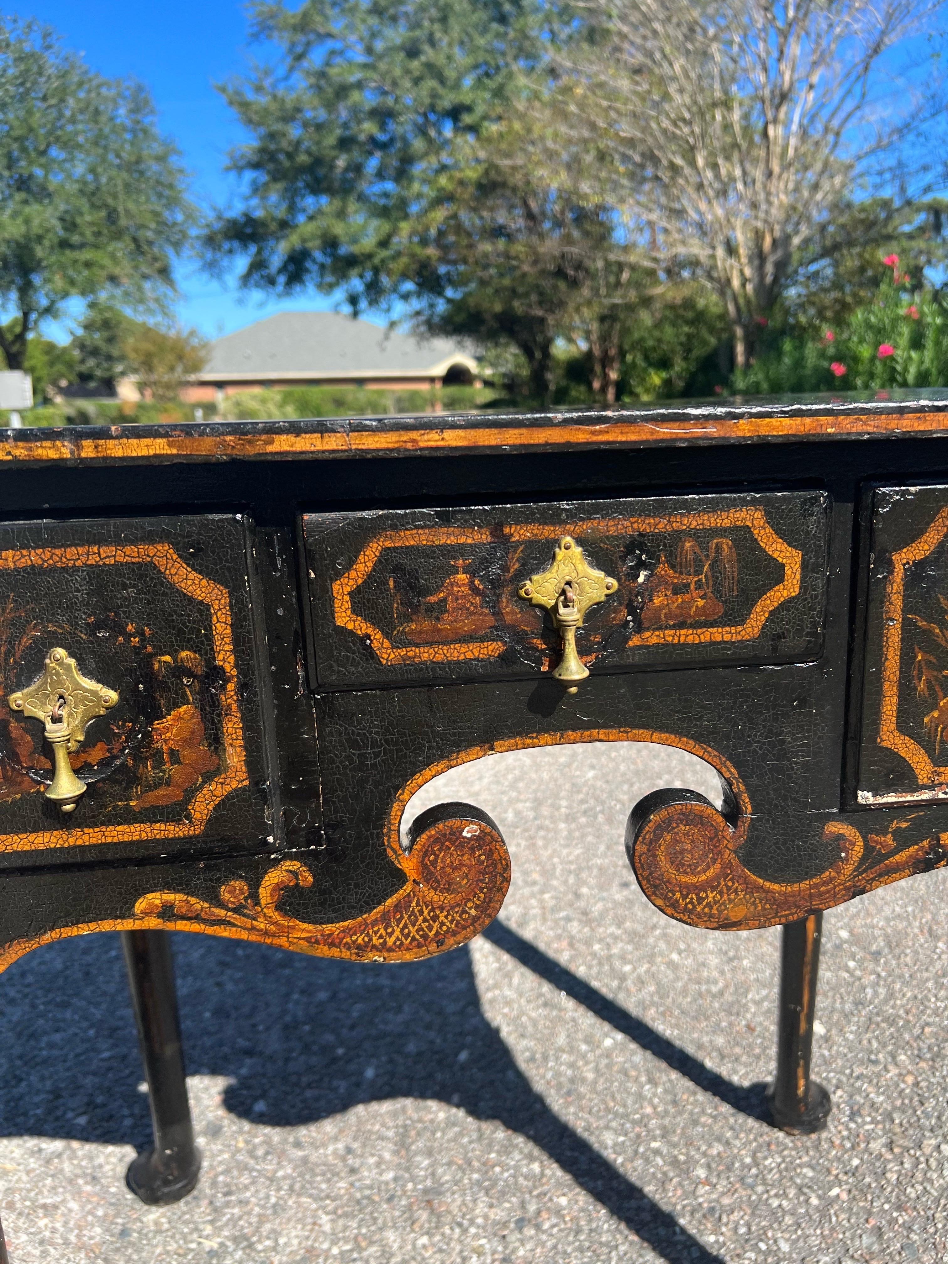 Antique Queen Anne Black Japanned entryway table 3